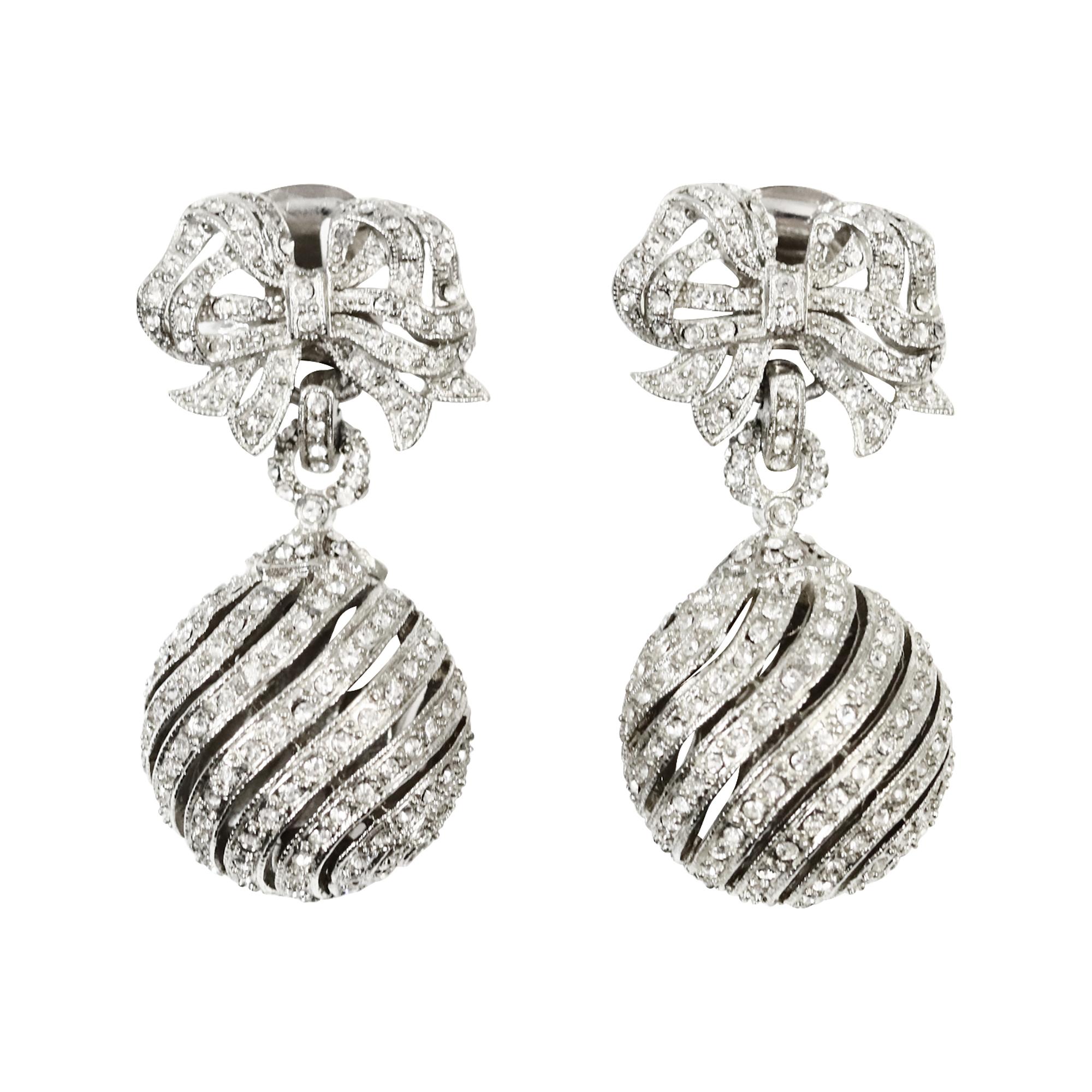 Vintage Bow with Ball Pave Dangling Earrings Circa 1990s. These are weighty and substantial, and the pictures will do the talking.  It is such a beautiful piece. The piece of metal is darker than a standard silver color.  They are very chic and