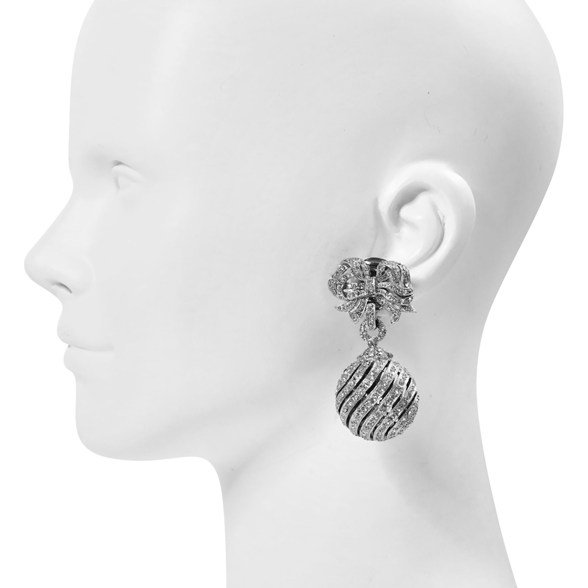 Modern Vintage Bow with Ball Pave Dangling Earrings Circa 1990s For Sale