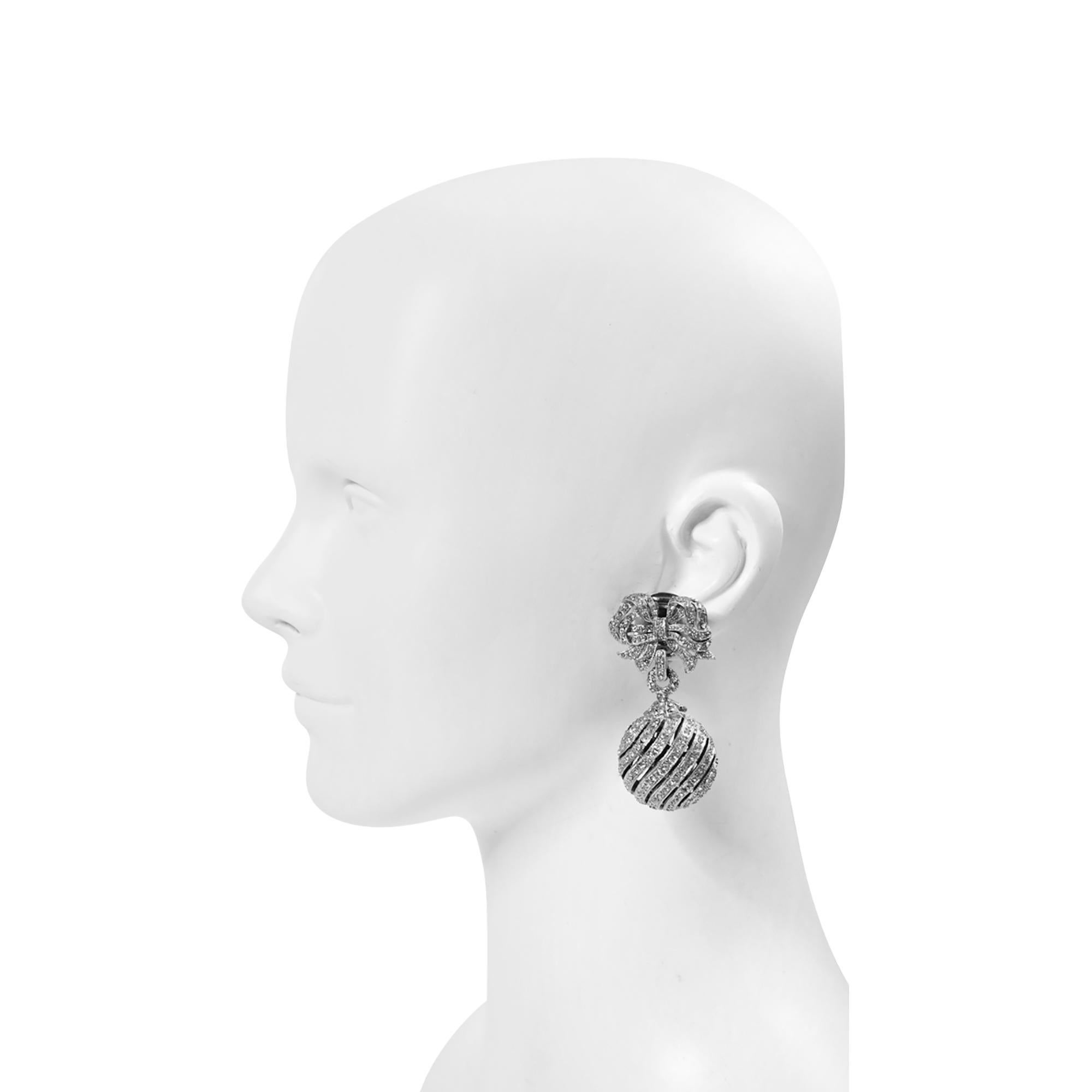 Vintage Bow with Ball Pave Dangling Earrings Circa 1990s In Good Condition For Sale In New York, NY