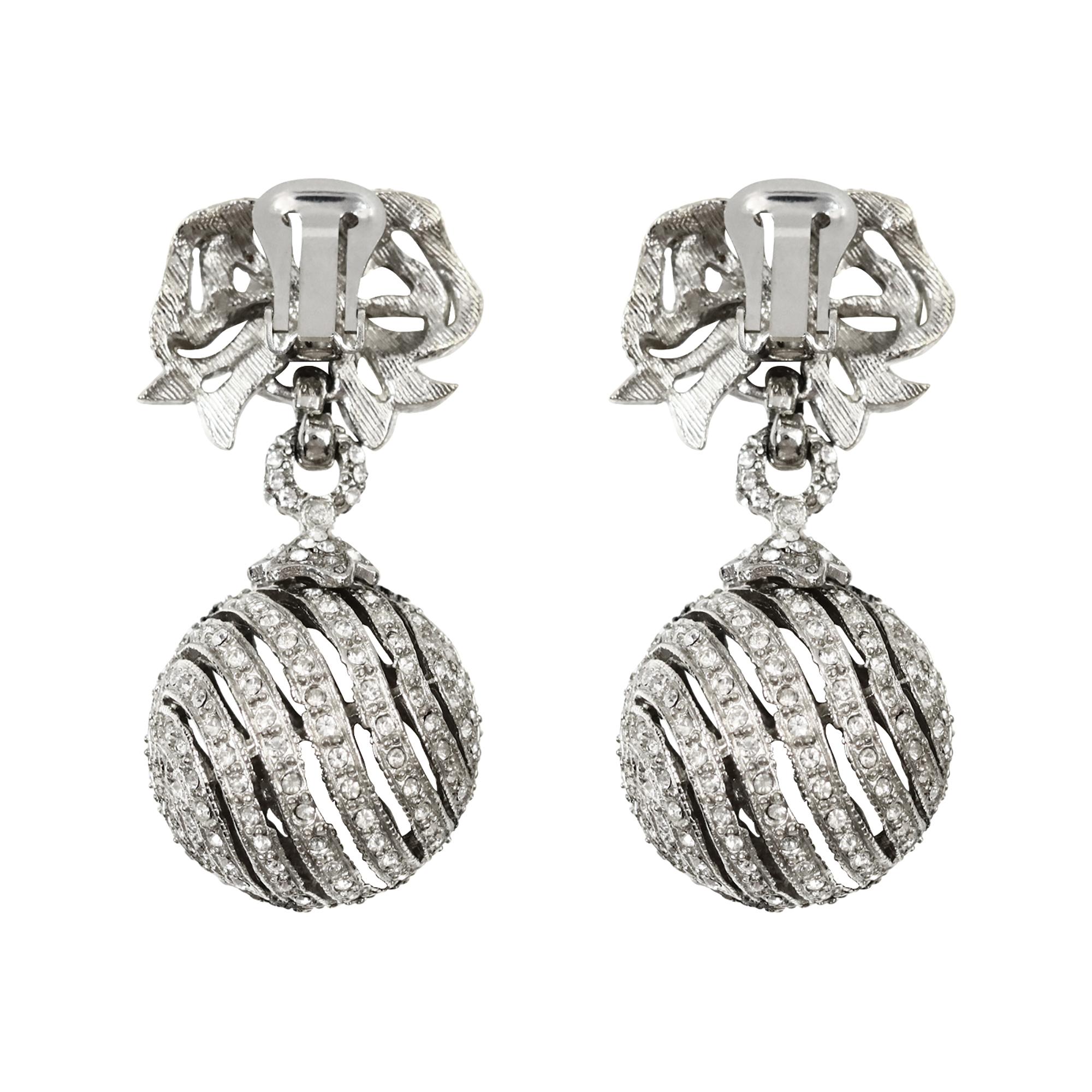 Vintage Bow with Ball Pave Dangling Earrings Circa 1990s For Sale 1