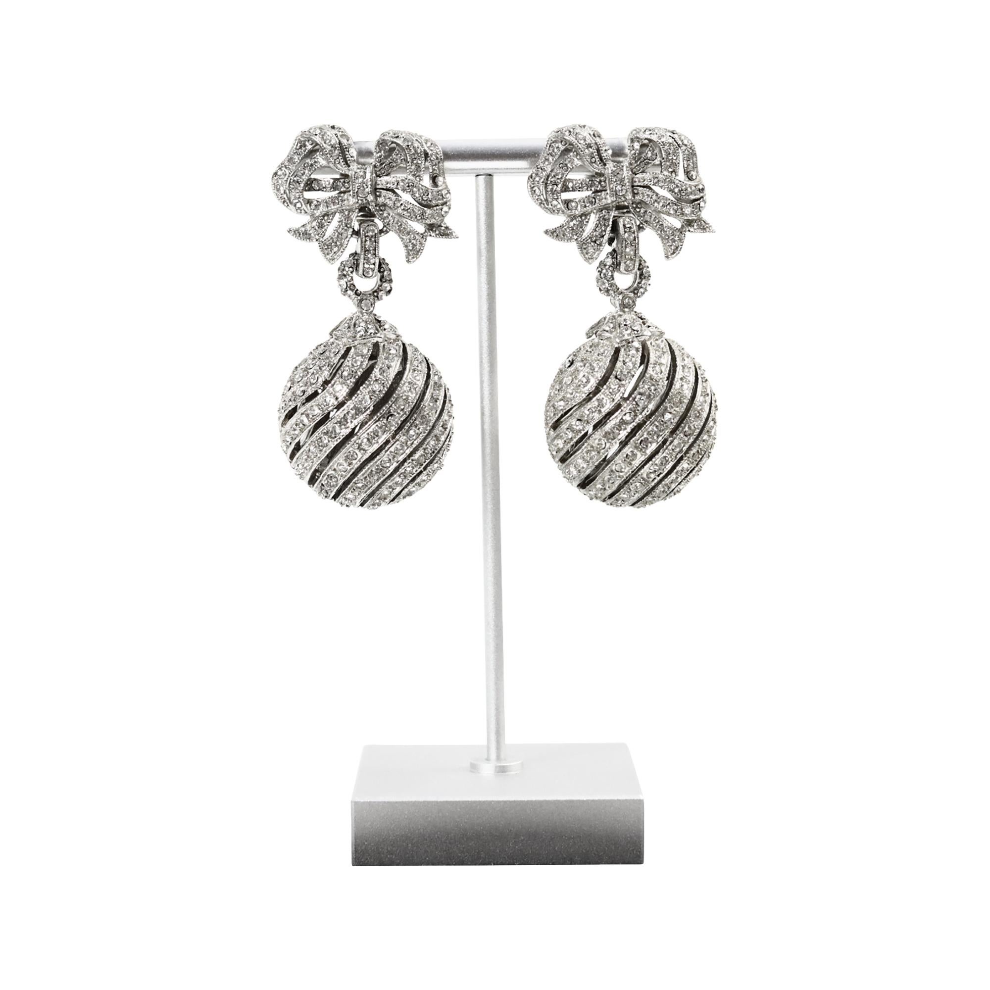 Vintage Bow with Ball Pave Dangling Earrings Circa 1990s For Sale 2