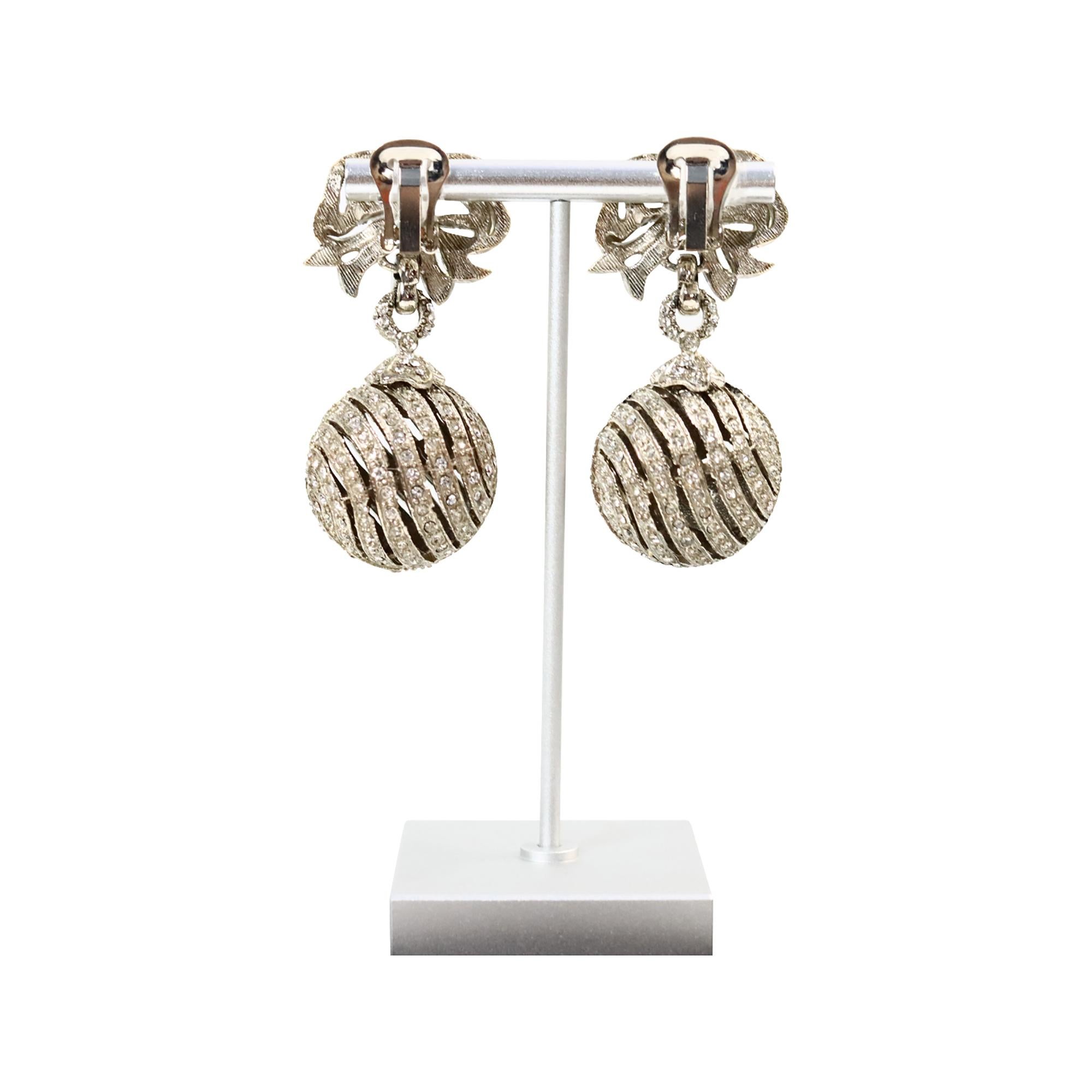 Vintage Bow with Ball Pave Dangling Earrings Circa 1990s For Sale 4