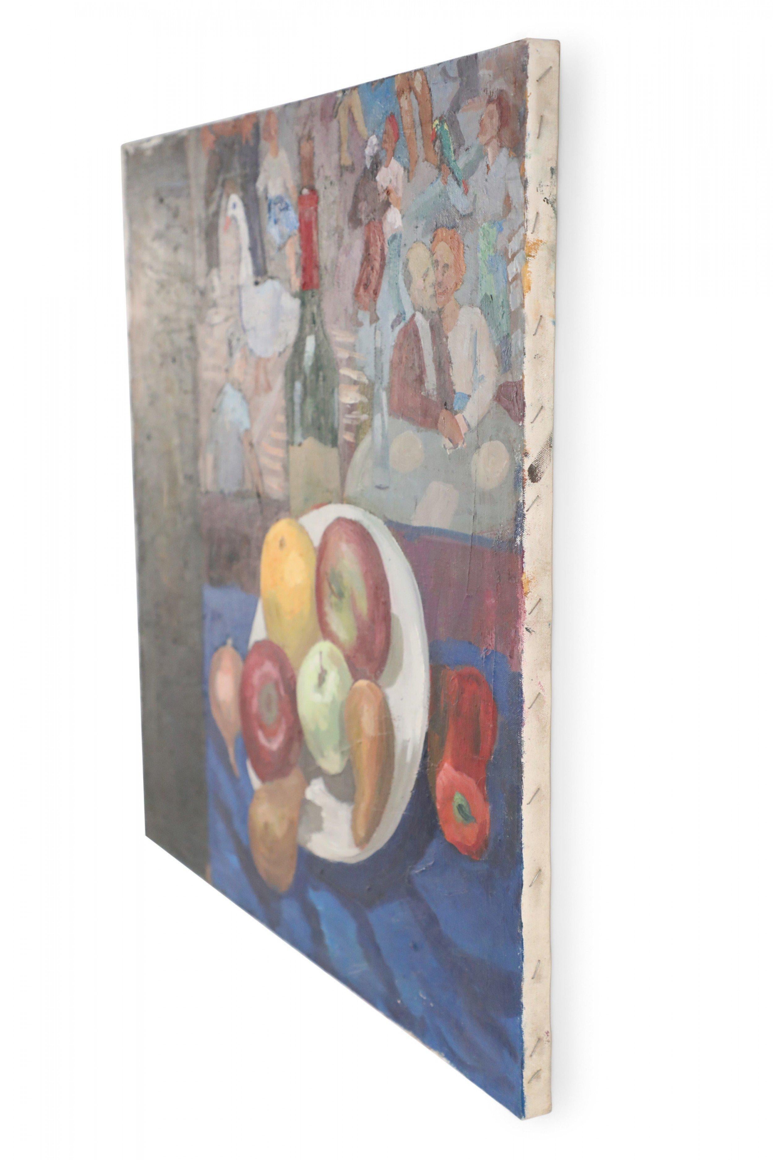 Vintage (20th century) acrylic painting of a fruit bowl in front of a window revealing a bustling street scene with people and birds, on unframed square canvas.
       