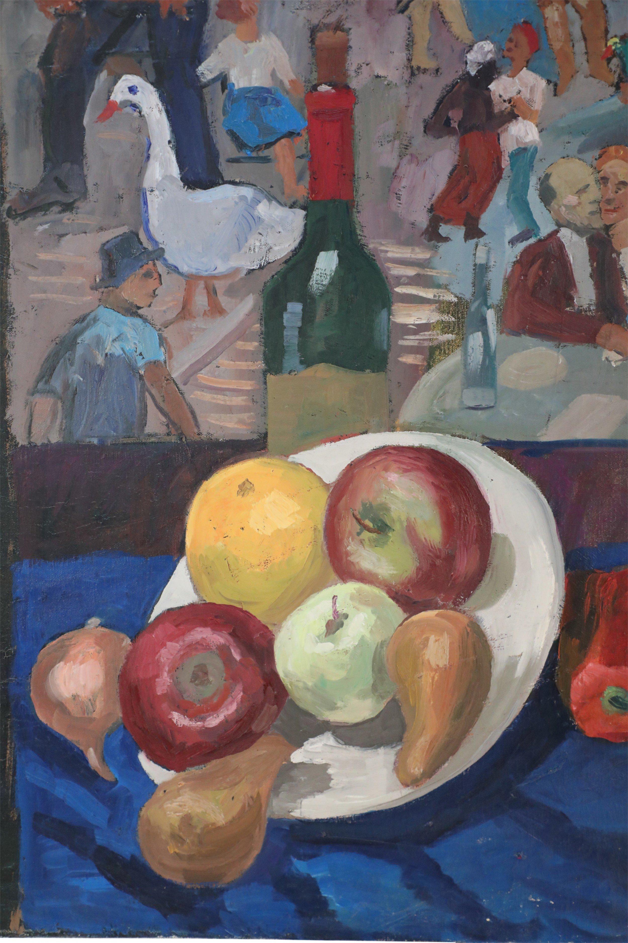 American Vintage Bowl of Fruit and Street Scene Painting on Canvas For Sale