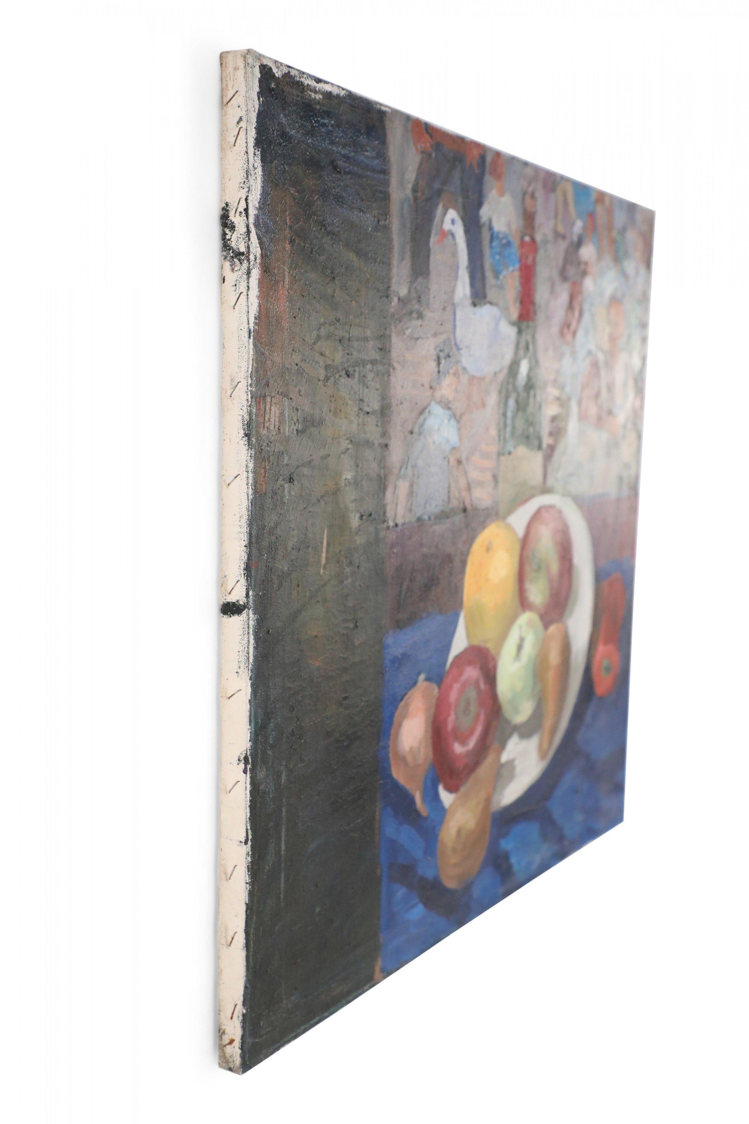 Vintage Bowl of Fruit and Street Scene Painting on Canvas In Good Condition For Sale In Queens, NY