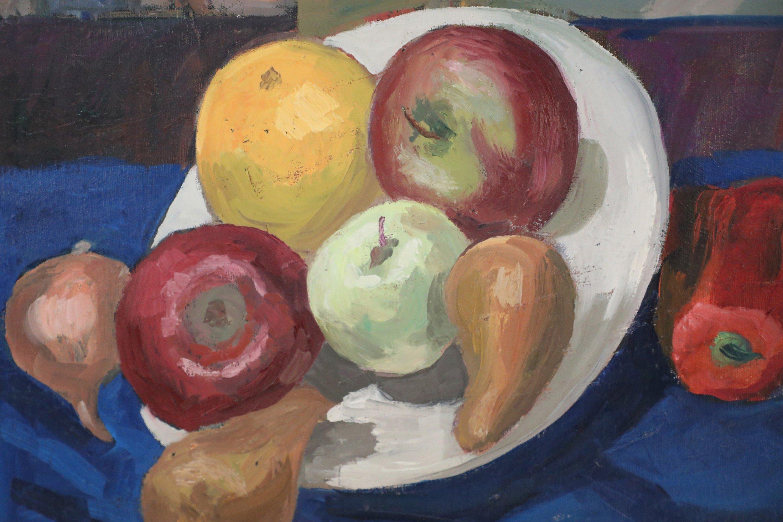 Vintage Bowl of Fruit and Street Scene Painting on Canvas For Sale 2