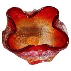 Vintage Bowl or Ashtray in Red Murano Glass and Gold Spangles