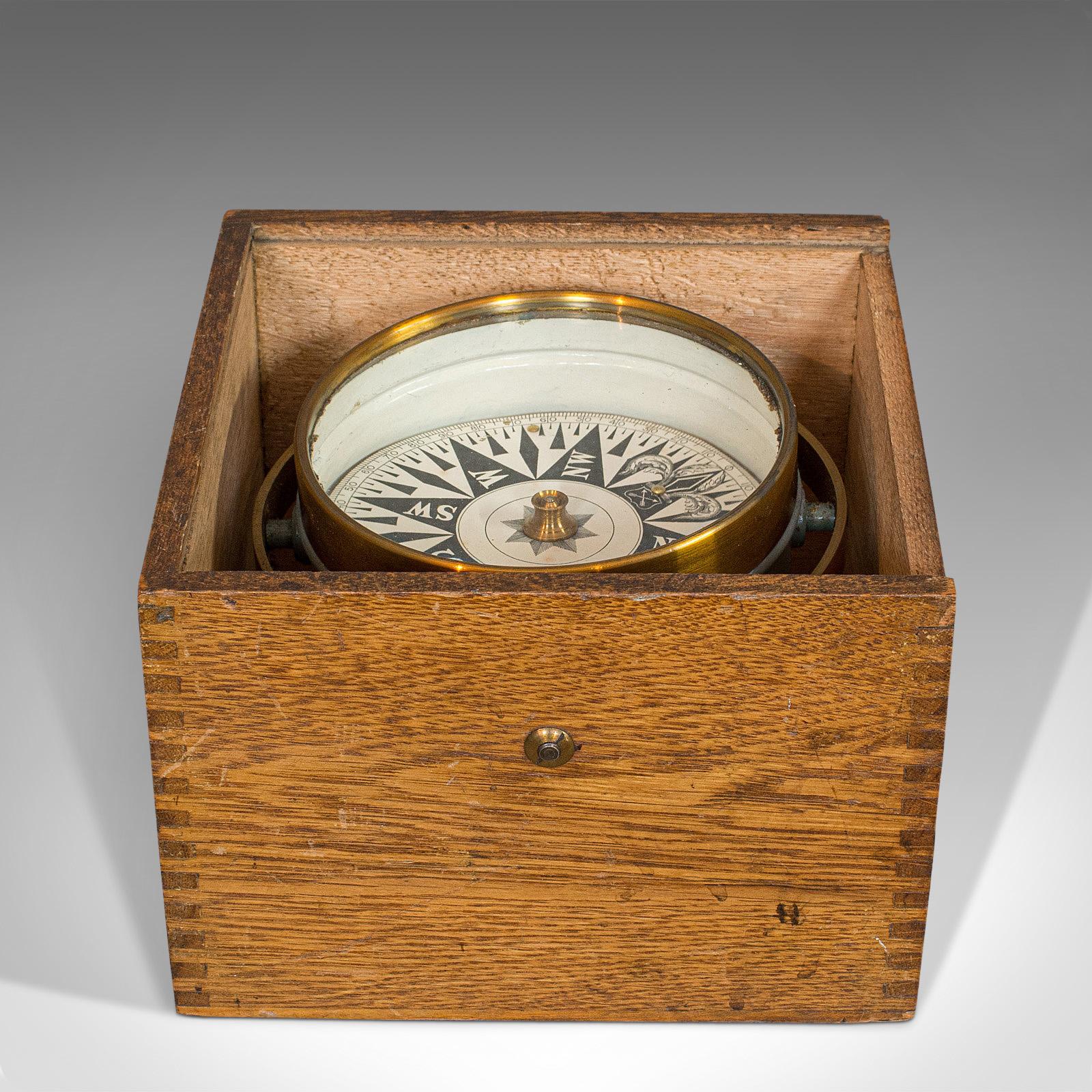 20th Century Vintage Box Compass, English, Oak, Brass, Gimbal, Maritime, Navigation, Aid