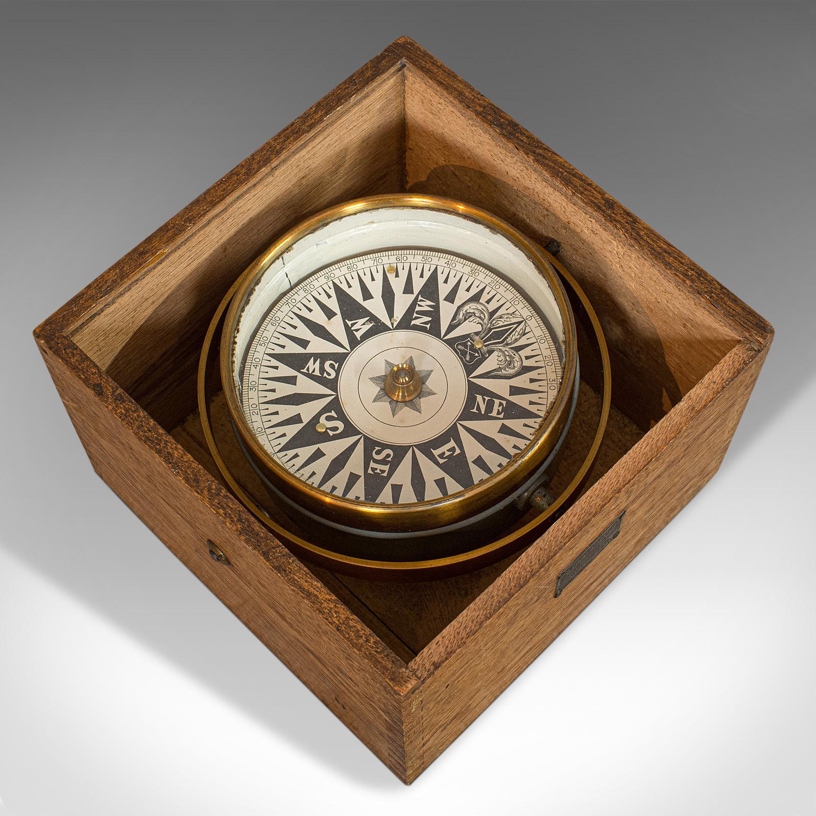 Vintage Box Compass, English, Oak, Brass, Gimbal, Maritime, Navigation, Aid 1