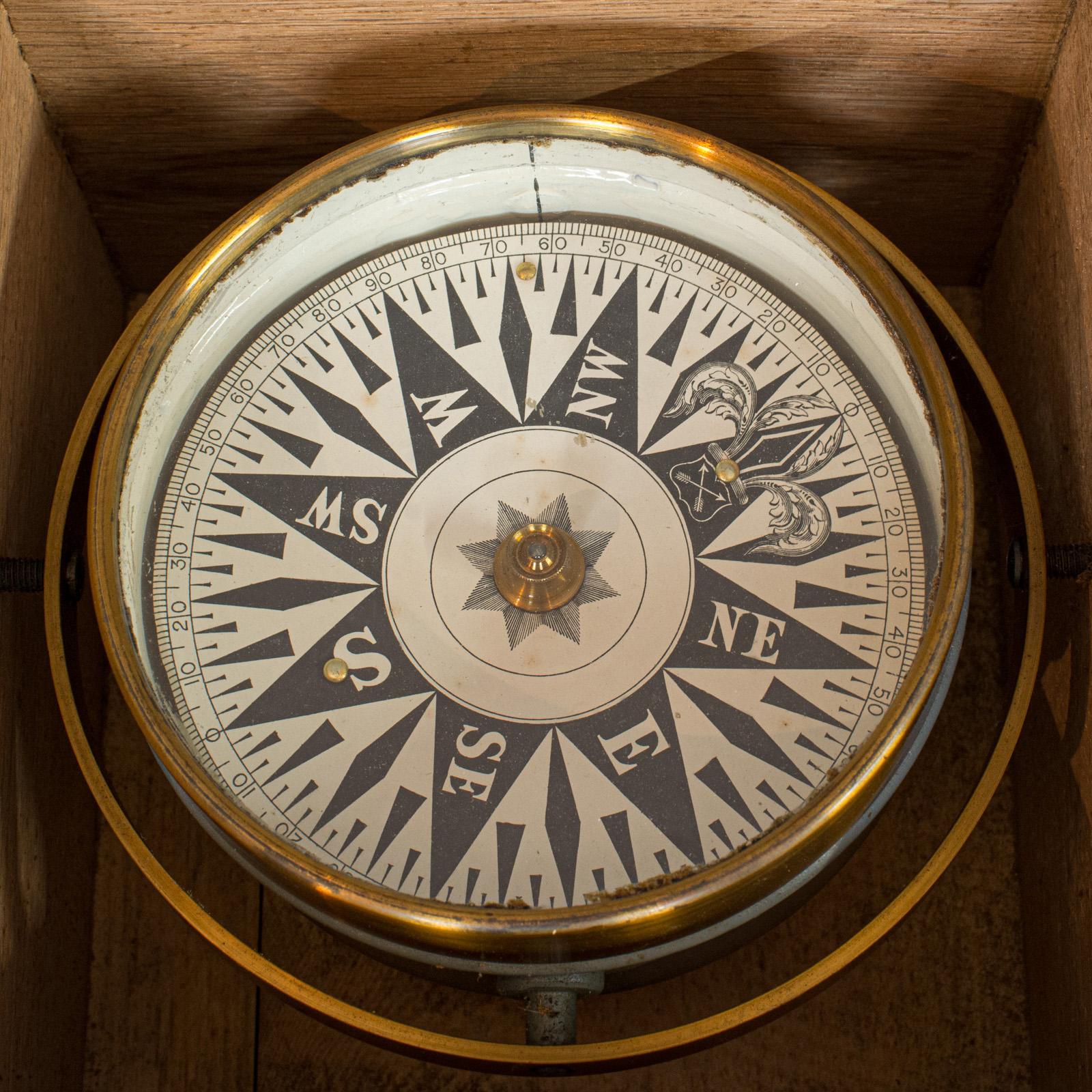 Vintage Box Compass, English, Oak, Brass, Gimbal, Maritime, Navigation, Aid 3