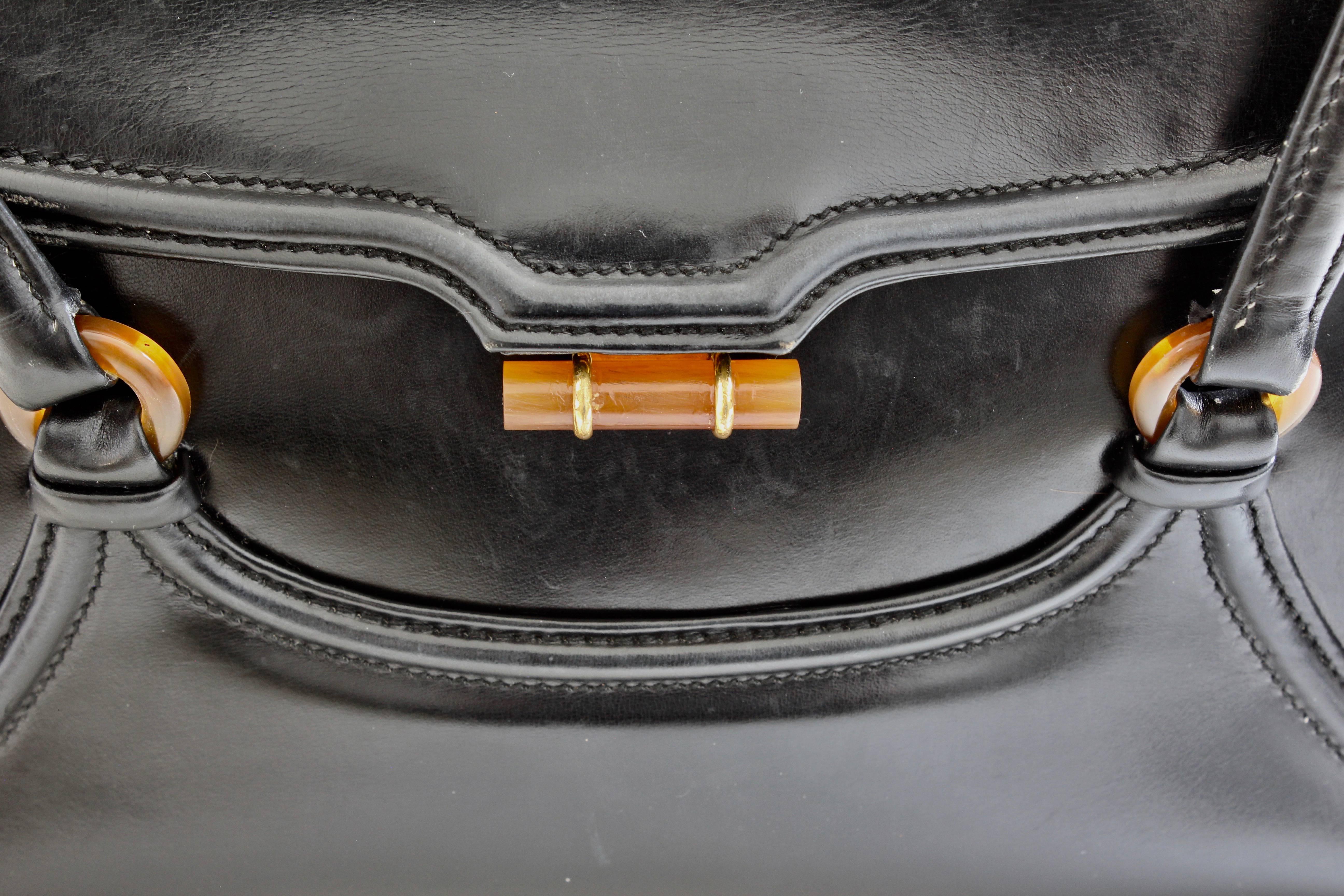 Bonwit Teller Leather Handbag with Bakelite Hardware Vintage 60s Made in Italy 3