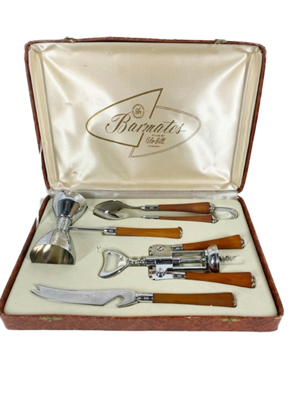 20th Century Vintage, Boxed Barmates by Glo-Hill Bar Tools, with Amber Bakelite Handles For Sale