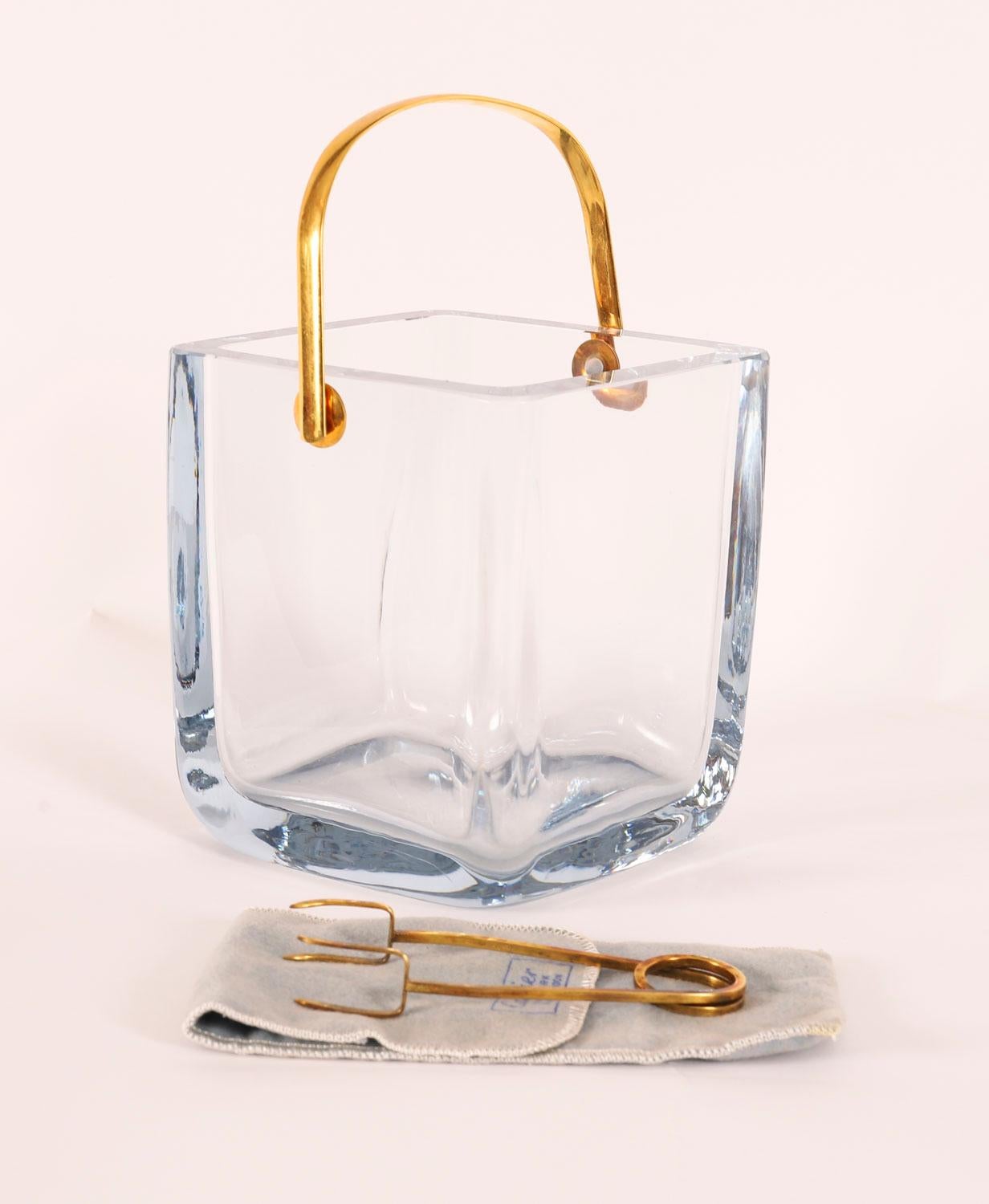 French Vintage Boxed Cartier Crystal Ice Bucket Sterling Silver-Gilt Tongs 20th Century For Sale