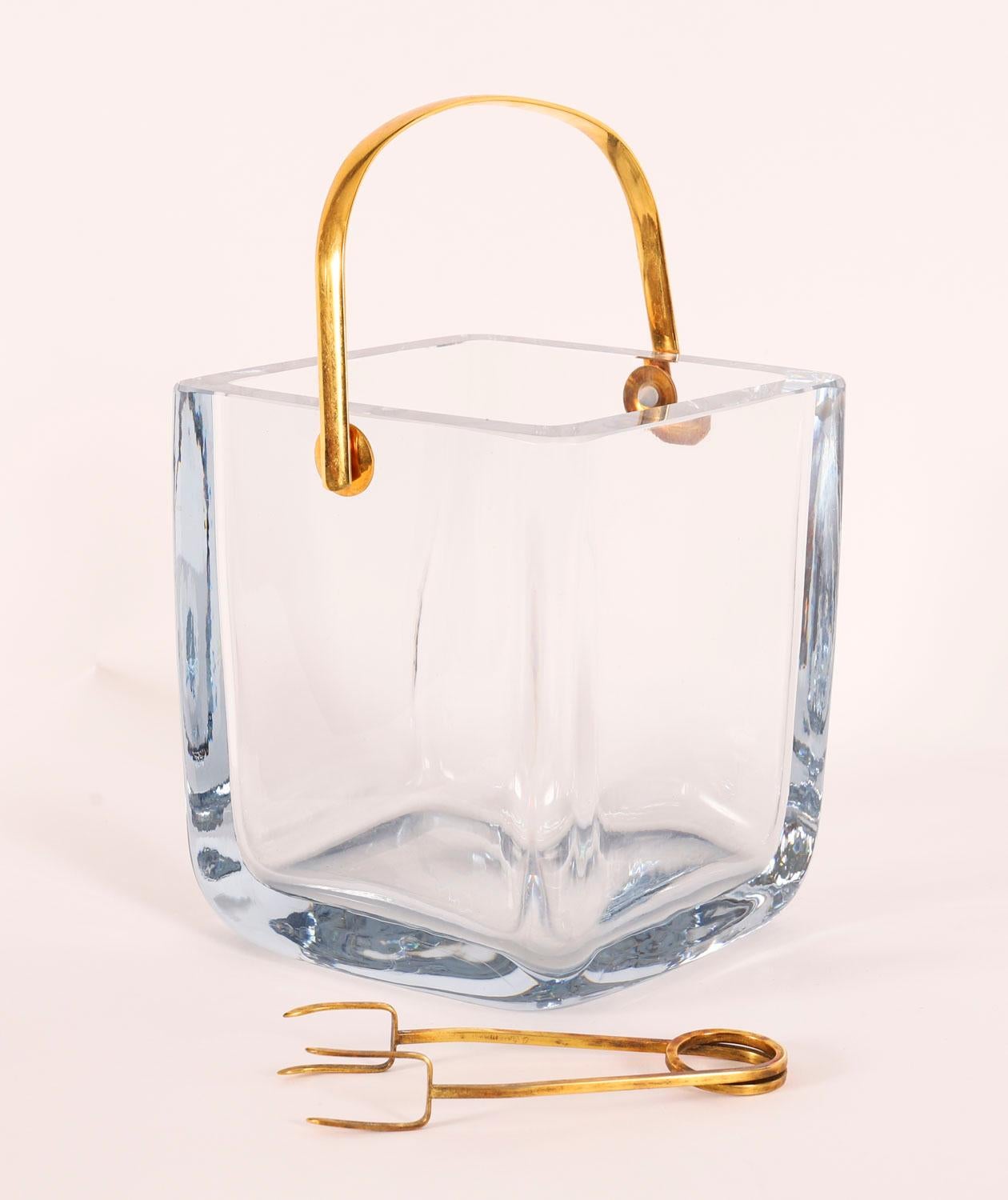 Vintage Boxed Cartier Crystal Ice Bucket Sterling Silver-Gilt Tongs 20th Century In Good Condition For Sale In London, GB