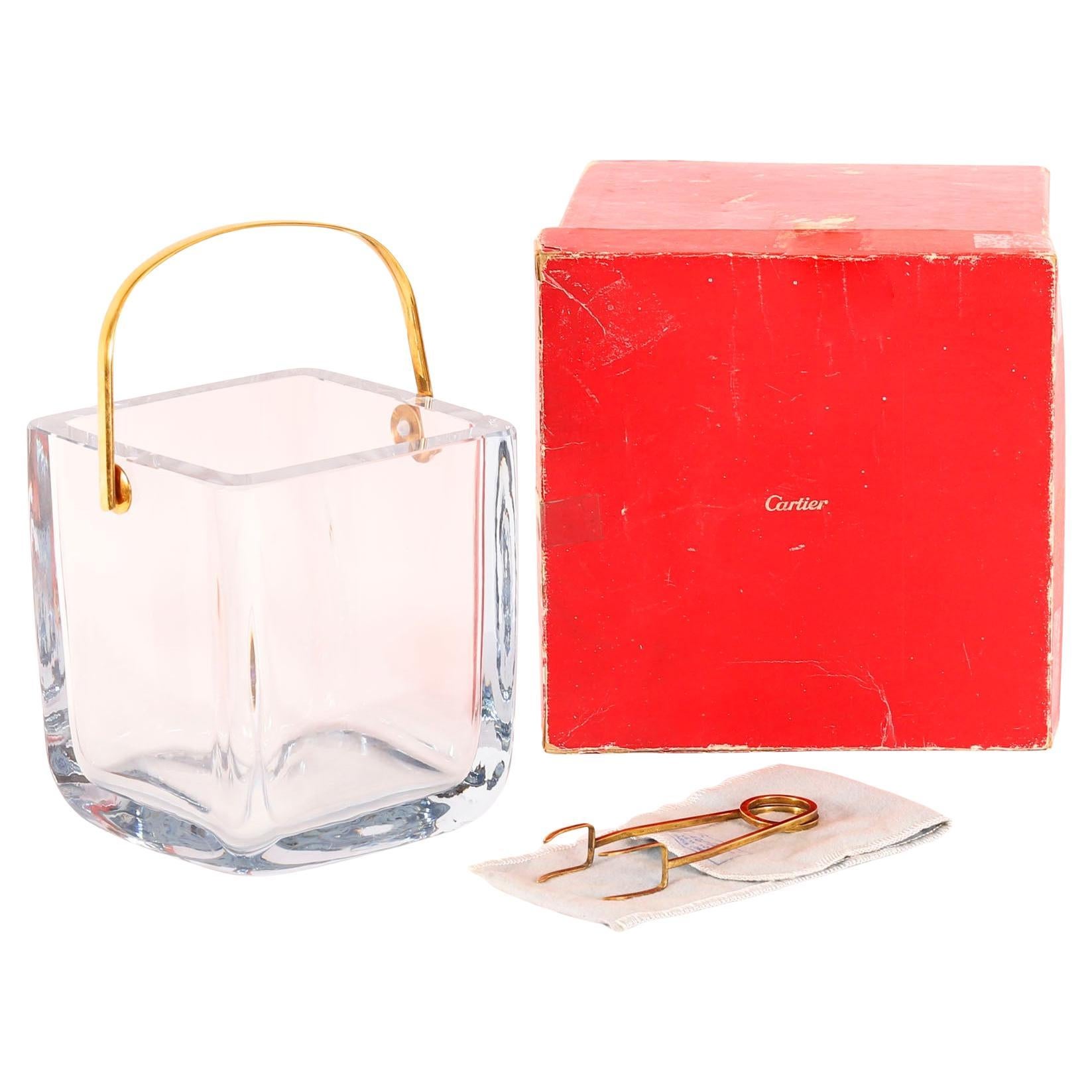 Vintage Boxed Cartier Crystal Ice Bucket Sterling Silver-Gilt Tongs 20th Century For Sale