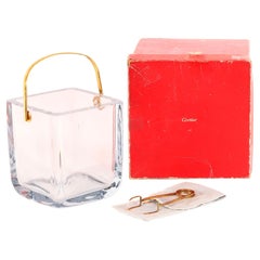Vintage Boxed Cartier Crystal Ice Bucket Sterling Silver-Gilt Tongs 20th Century