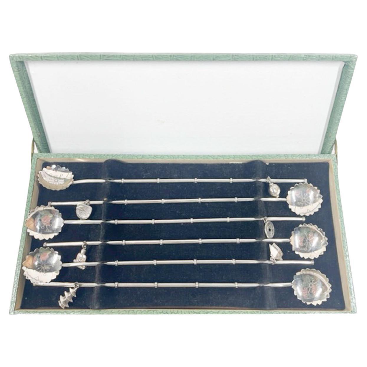 Vintage Boxed Set of Six Cocktail Sipper Stir Spoons in Silver For Sale