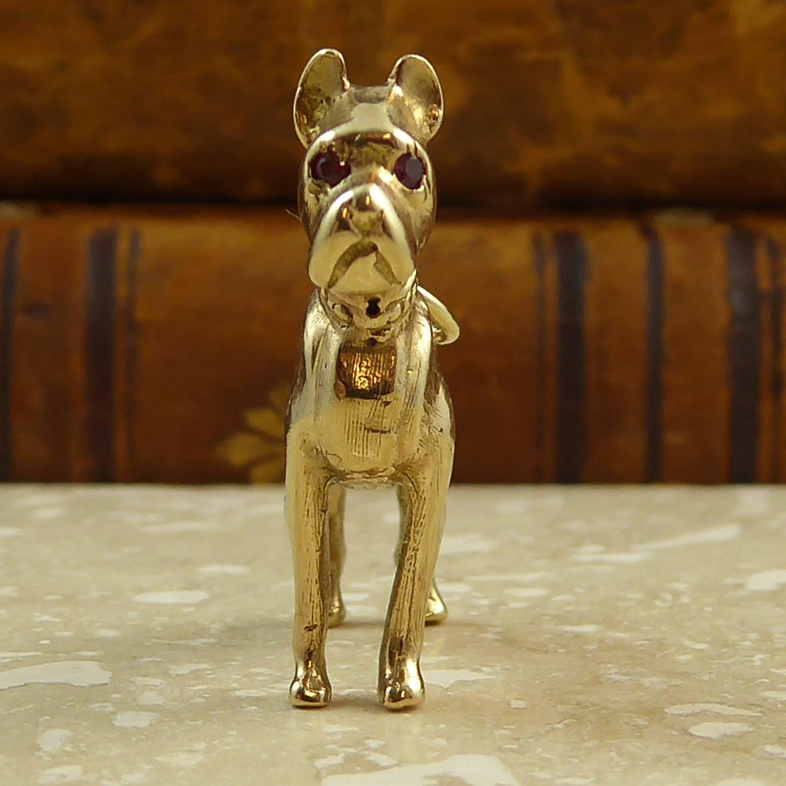 Retro Vintage Boxer Dog Pendant, Hallmarked London 1963, 9 Carat Gold, Ruby Eyes