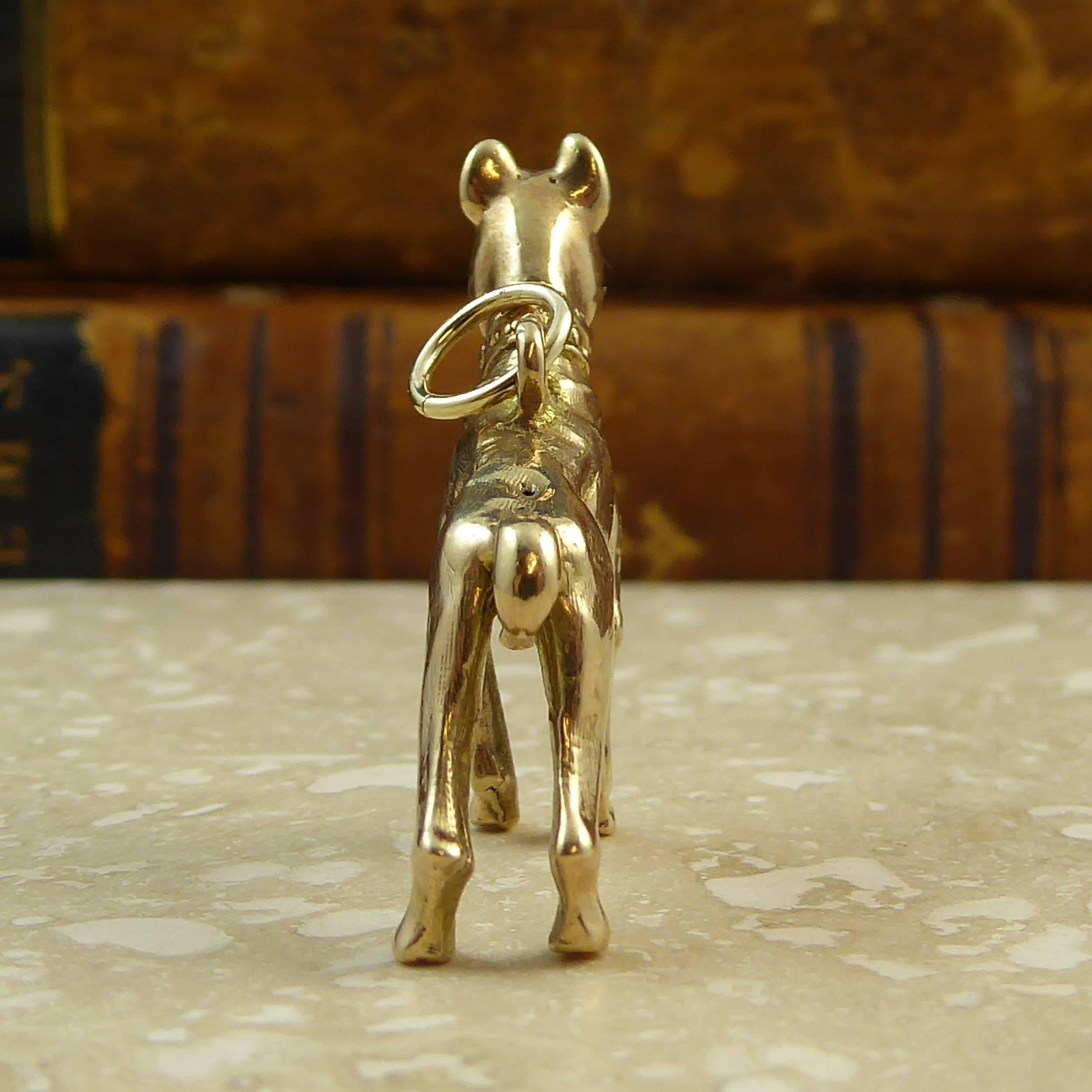 Vintage Boxer Dog Pendant, Hallmarked London 1963, 9 Carat Gold, Ruby Eyes In Excellent Condition In Yorkshire, West Yorkshire
