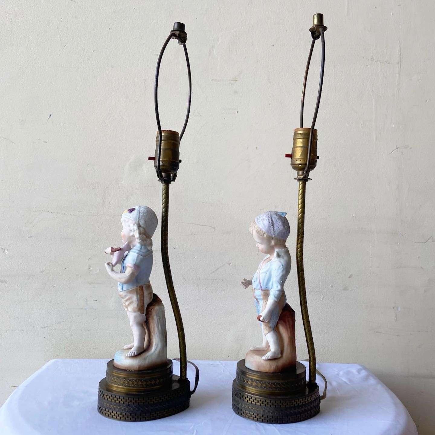 Vintage Boy and Girl Figurine Table Lamps In Good Condition For Sale In Delray Beach, FL