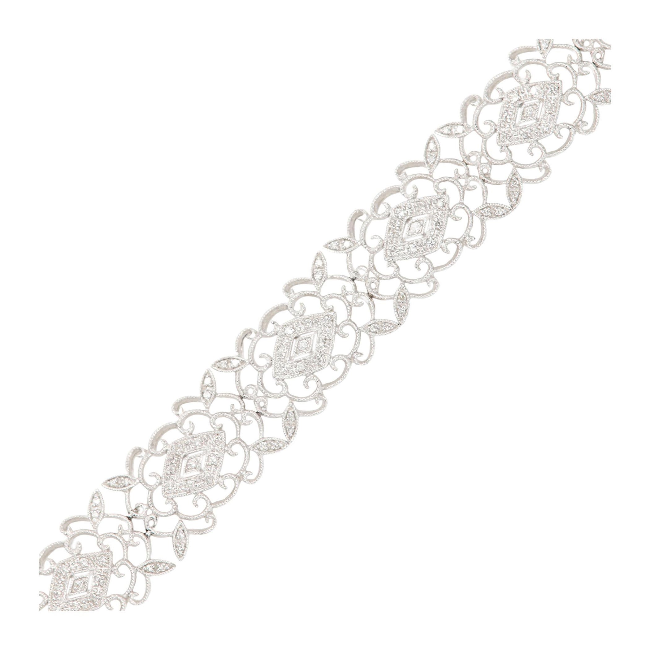 Bracciale vintage in oro bianco 18 carati con diamanti naturali e filigrana vittoriana