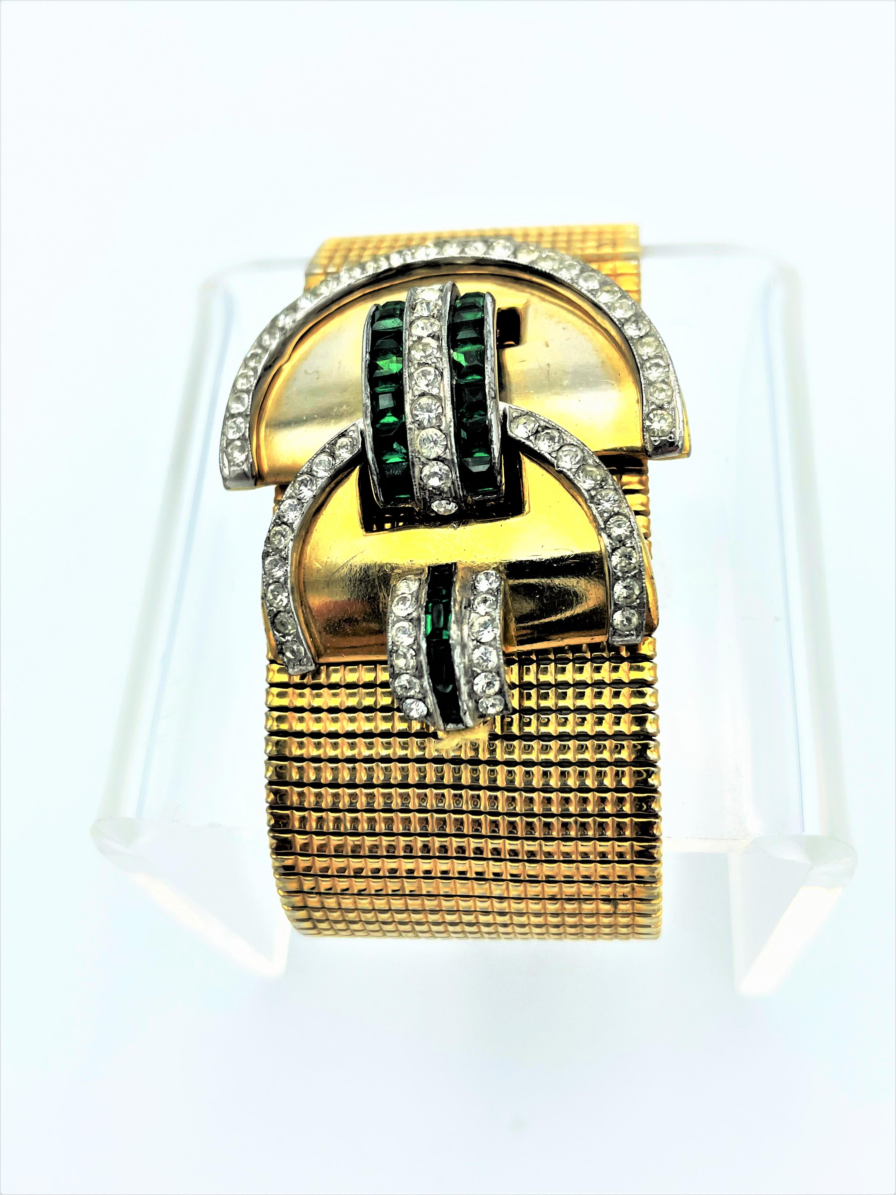 Vintage bracelet by DeRosa NY, deco styl, emerald  and clear rhinestones, 1940s 4