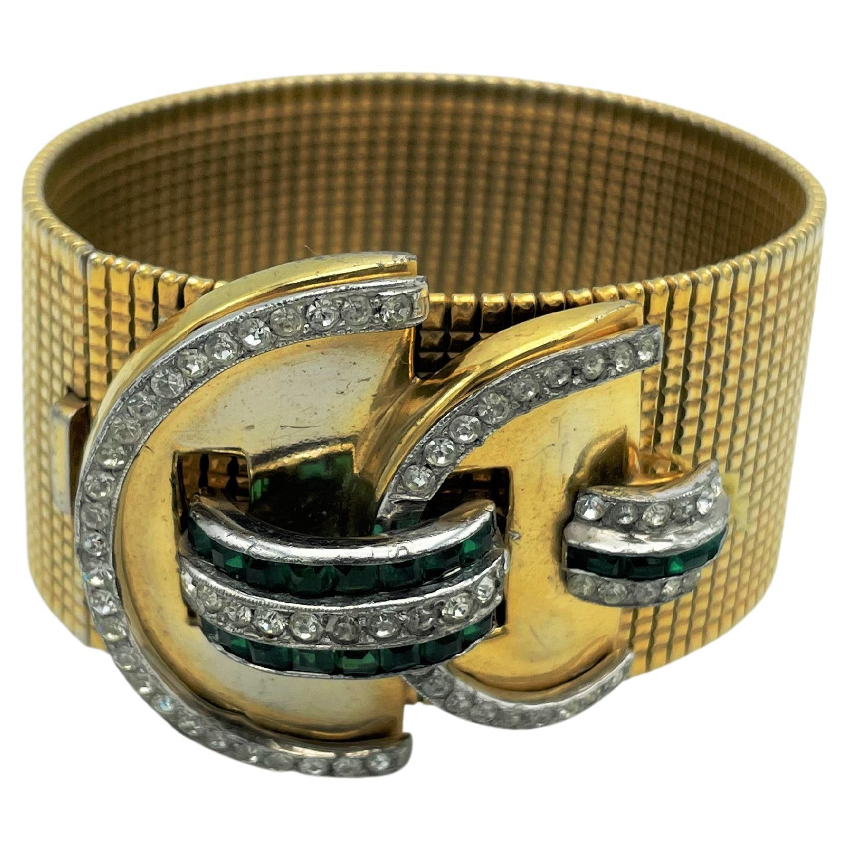Art Deco Vintage bracelet by DeRosa NY, deco styl, emerald  and clear rhinestones, 1940s