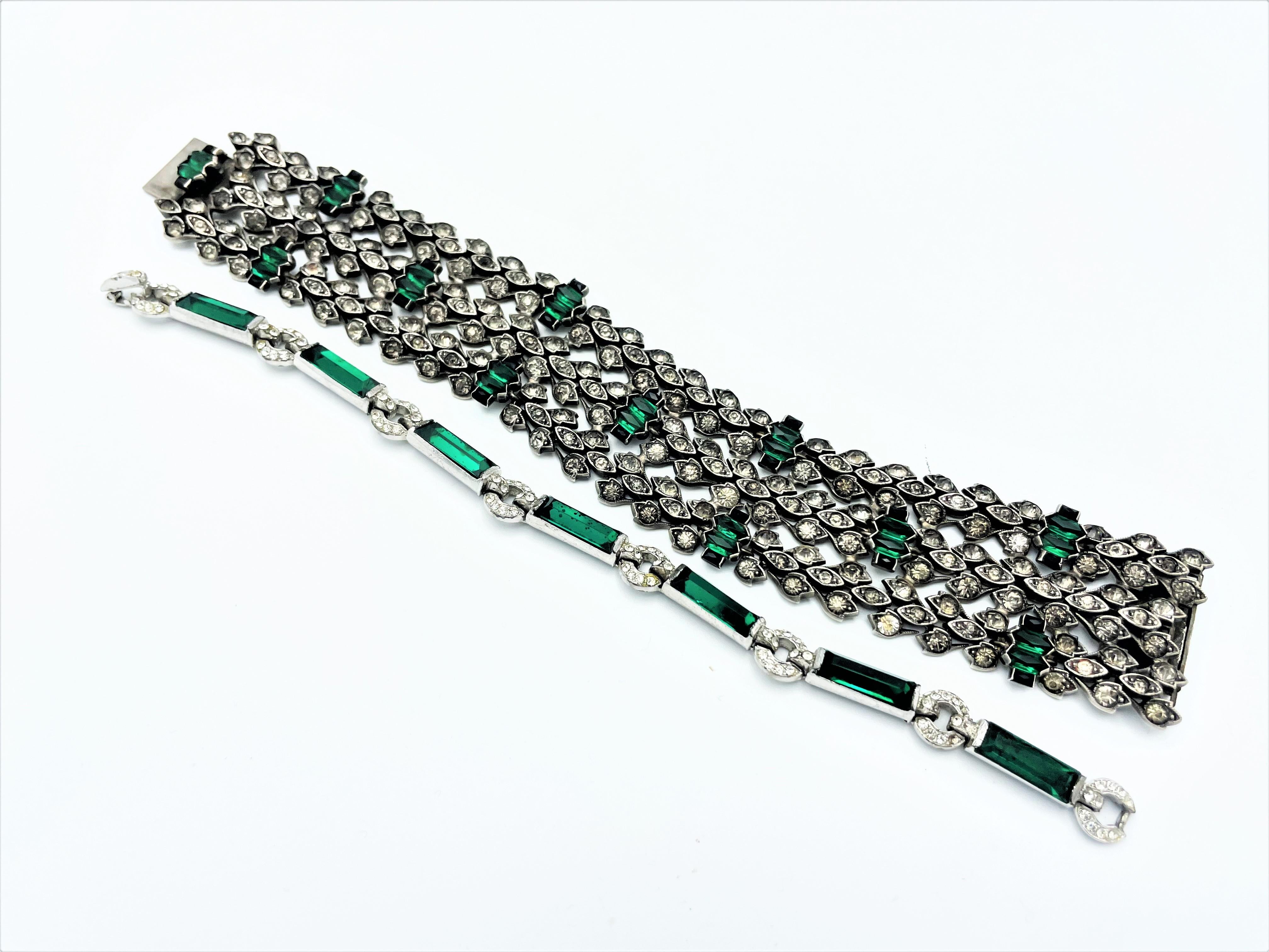 Vintage bracelet, clear and green rhinestones Sterling Silver 1940s USA For Sale 5