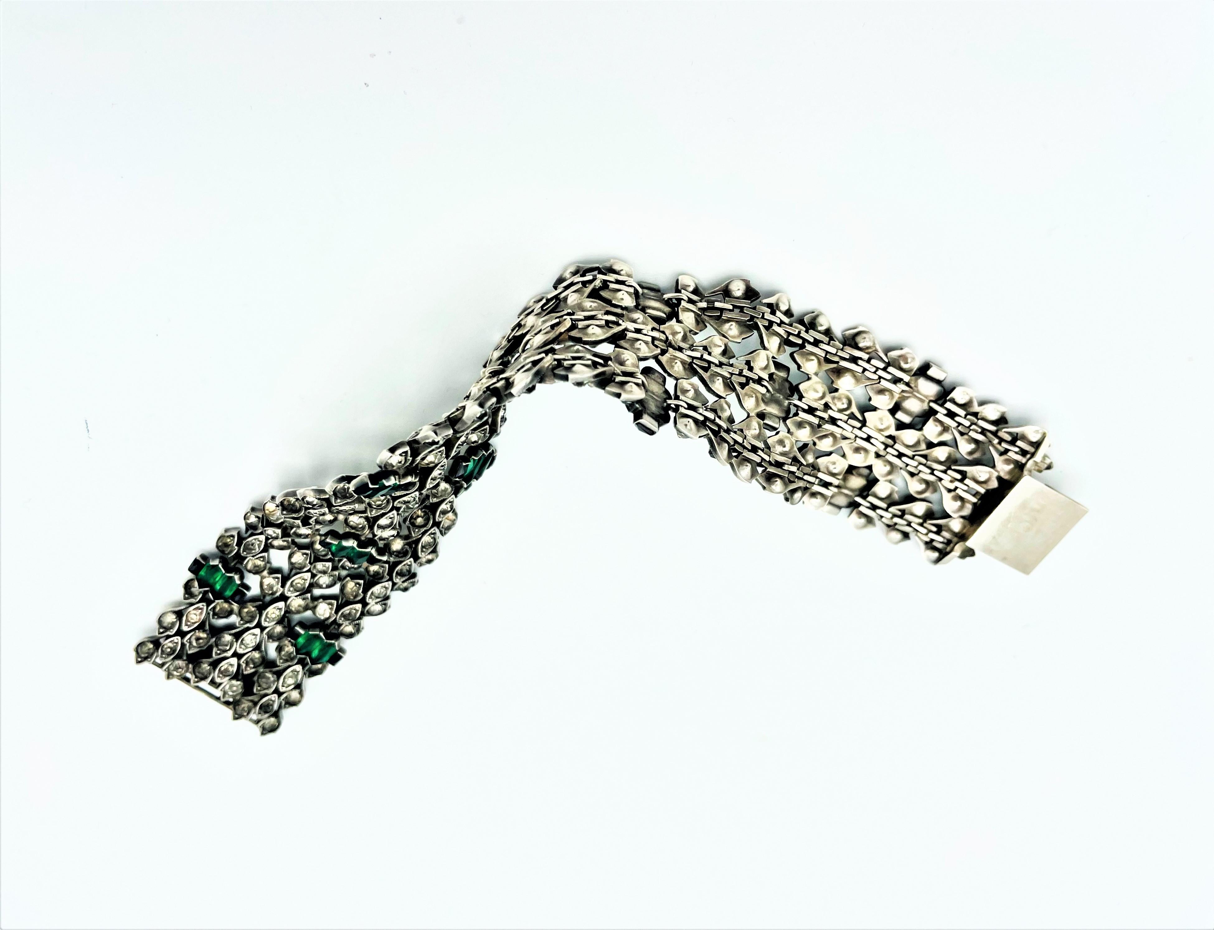 Vintage bracelet, clear and green rhinestones Sterling Silver 1940s USA For Sale 8