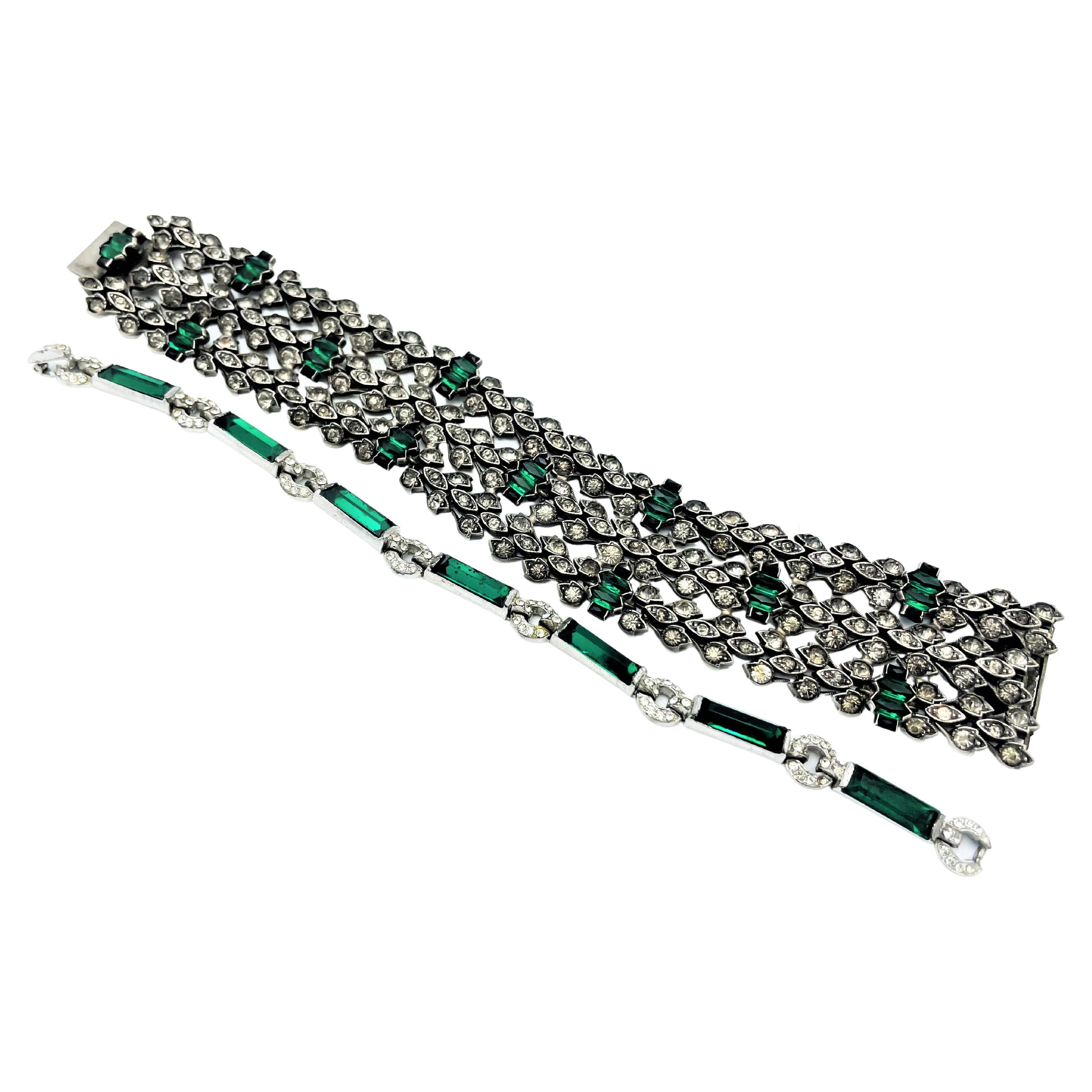 THIS BEAUTIFULLY CRAFTED BRACELET MUST HAVE BEEN WORKED WITH SIMPLE RHINESTONES BY A FRENCH JEWELER IN THE 1940s ! STERLING SILVER  !
Every single clear and polished rhinestone has its own silver setting.
3 rows of small silver diamonds are combined