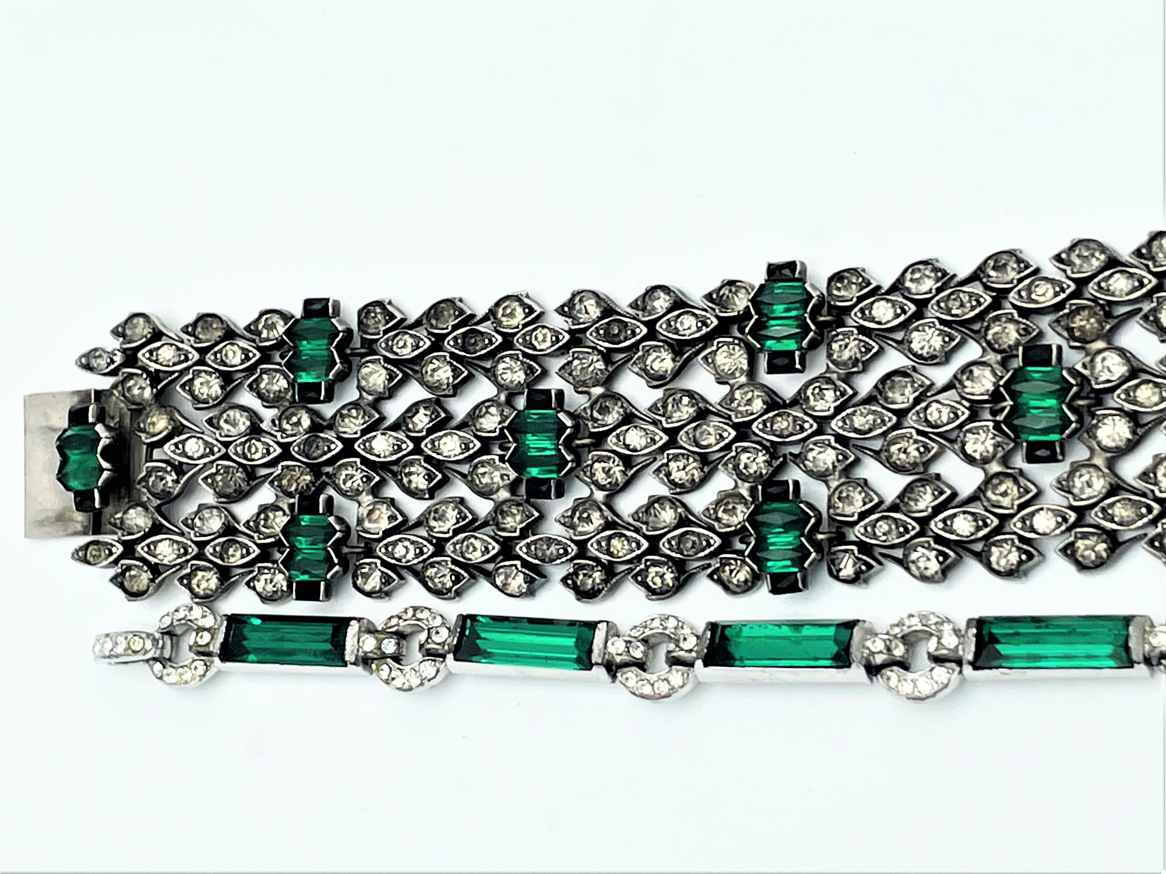 Baguette Cut Vintage bracelet, clear and green rhinestones Sterling Silver 1940s USA For Sale