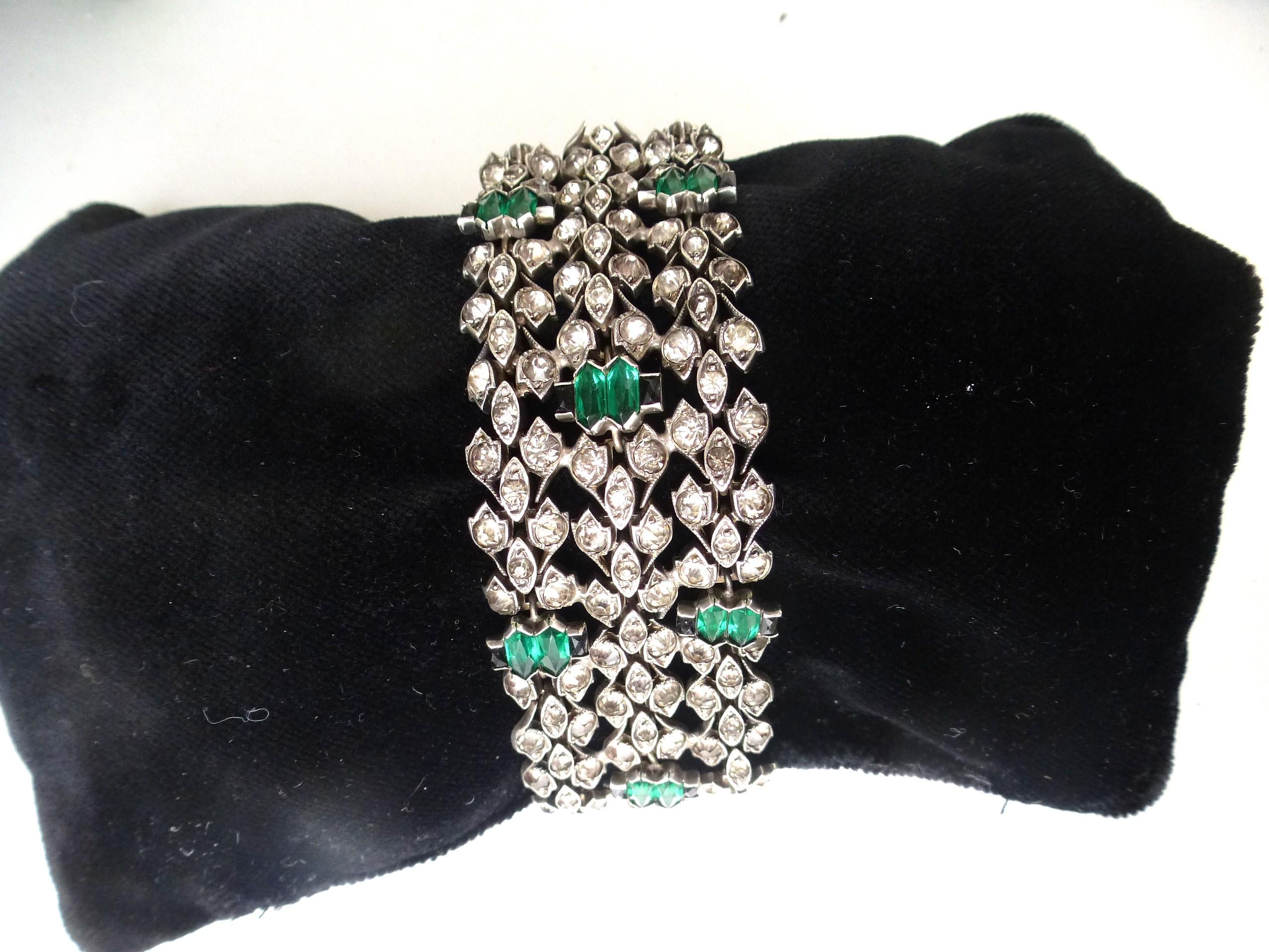 Women's Vintage bracelet, clear and green rhinestones Sterling Silver 1940s USA For Sale