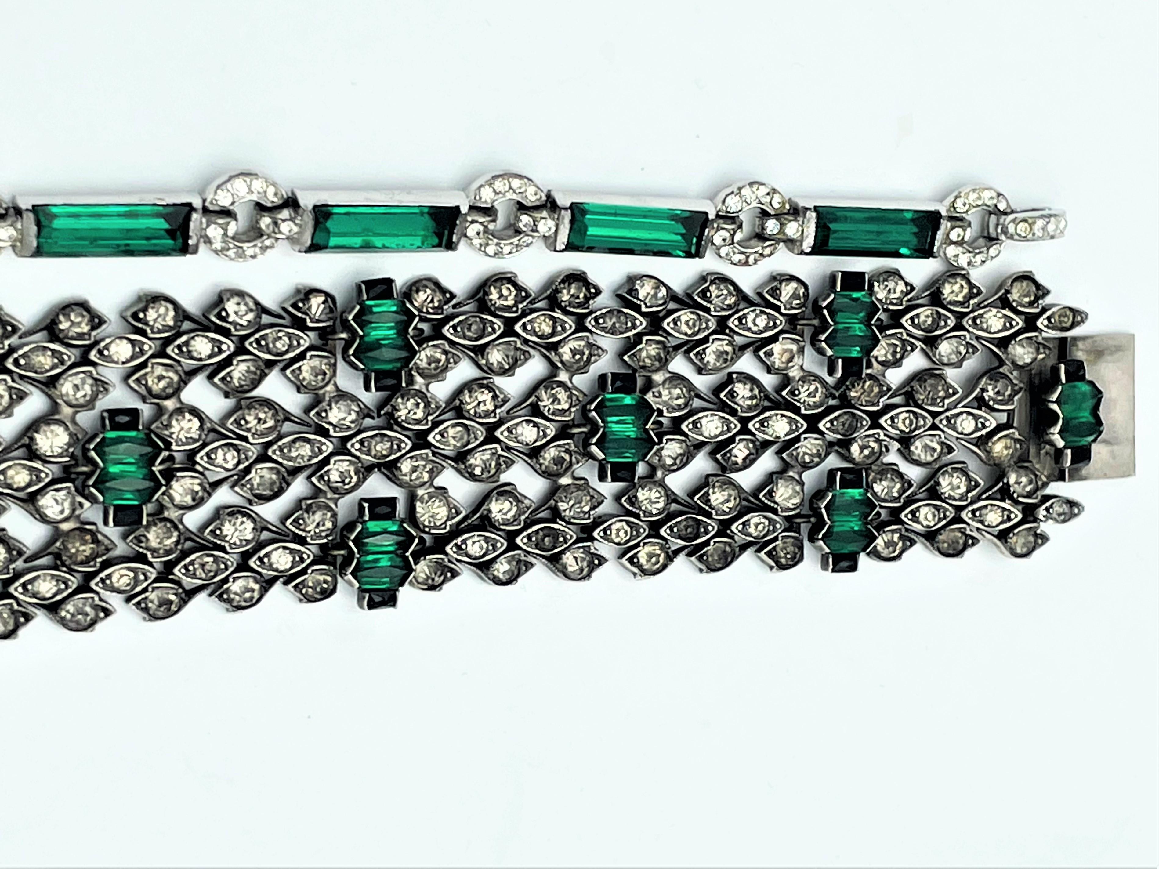 Vintage bracelet, clear and green rhinestones Sterling Silver 1940s USA For Sale 2