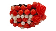 Vintage Bracelet In Carved Red Coral And pearl Beads