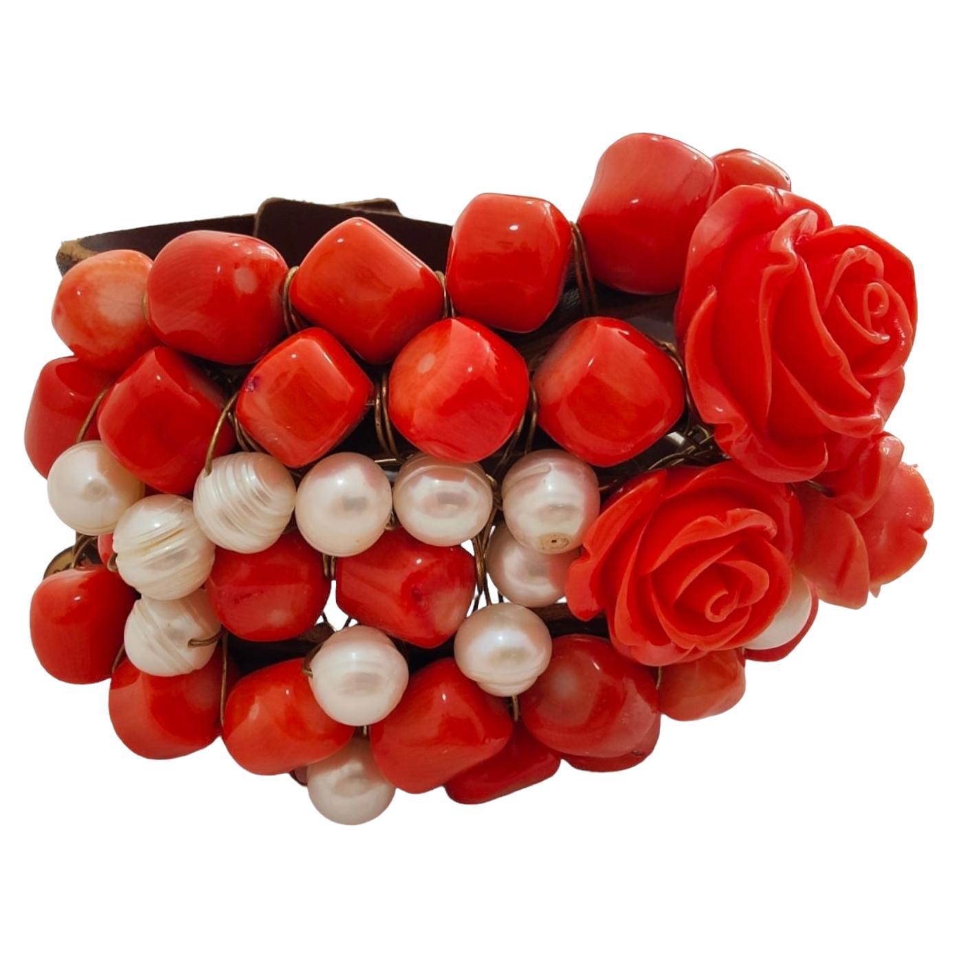 Vintage Bracelet In Carved Red Coral And pearl Beads
