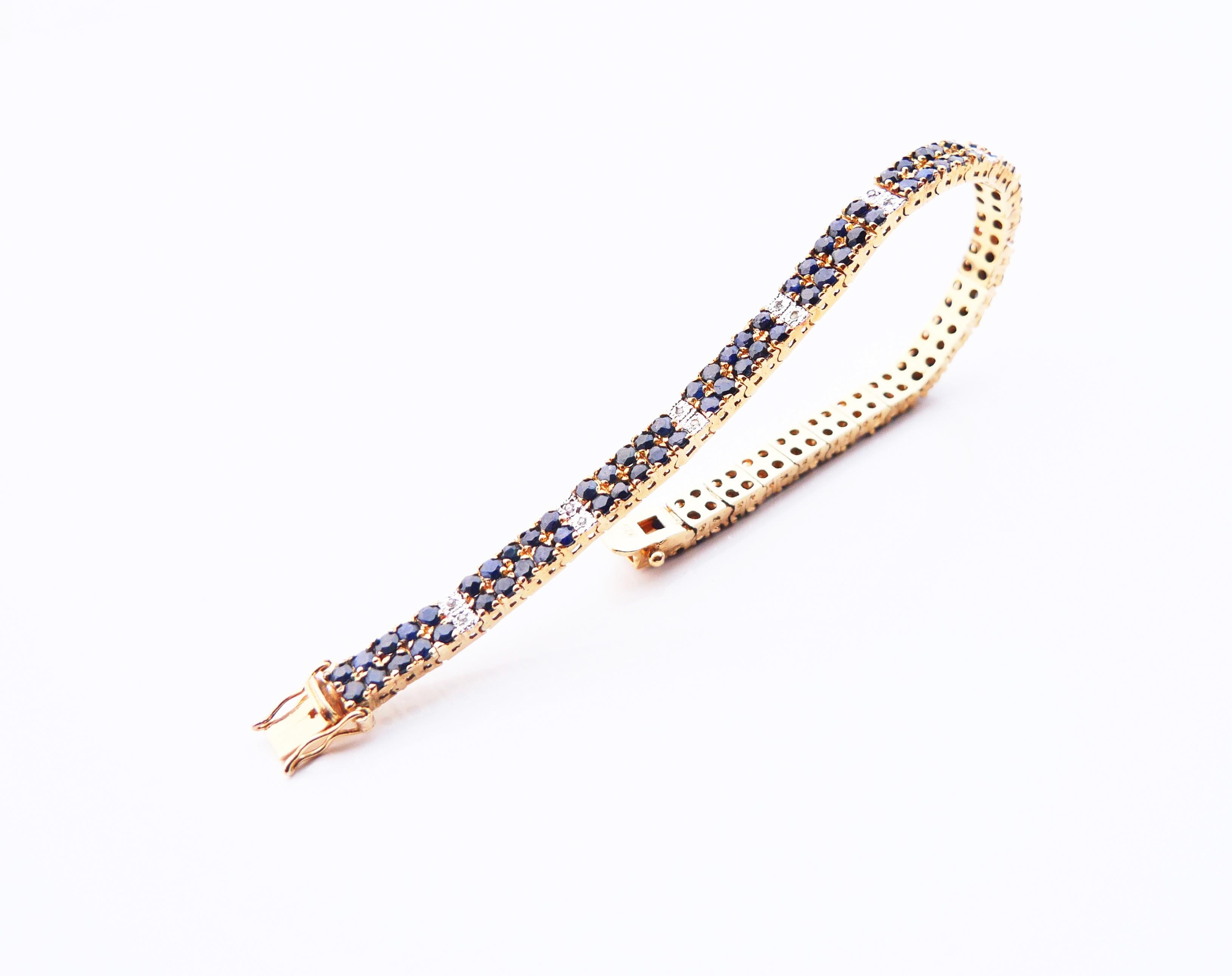 Flexible bracelet in solid 925 Silver /Gold plated or Gold filled featuring 110 diamonds cut natural Blue Sapphires and 22 diamond cut Diamonds.
Each Sapphire stone is Ø 2.5 mm /0.08ct, stones show internal inclusions and green tint.Total weight of