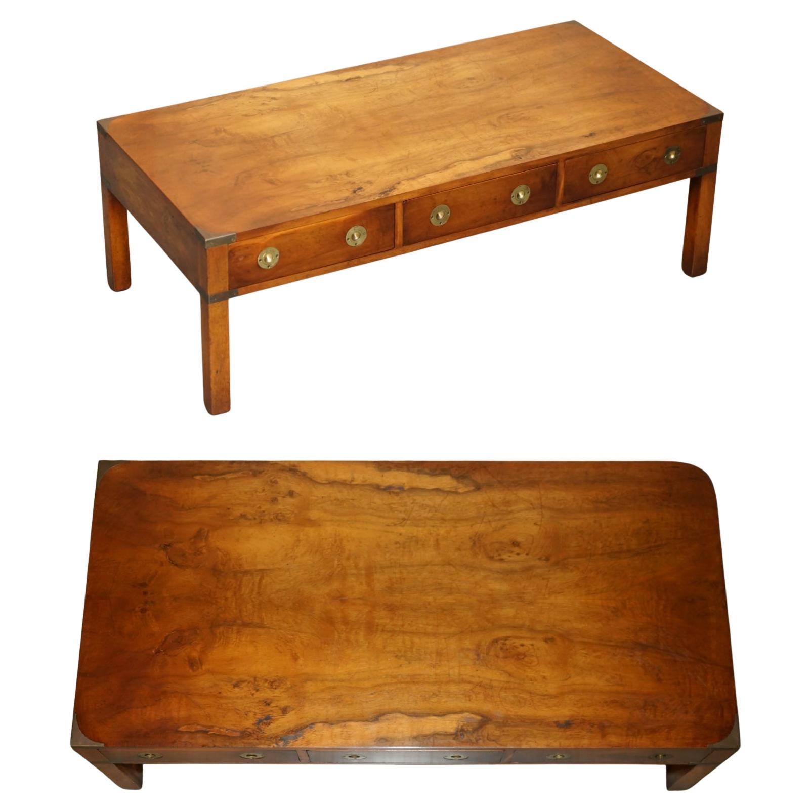 ViNTAGE BRADLEY BURR YEW WOOD & BRASS MILITARY CAMPAIGN 3 DRAWER-COFFEE-TABLE