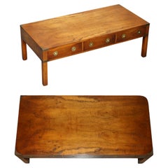 ViNTAGE BRADLEY BURR YEW WOOD & BRASS MILITARY CAMPAIGN 3 DRAWER COFFEE TABLE