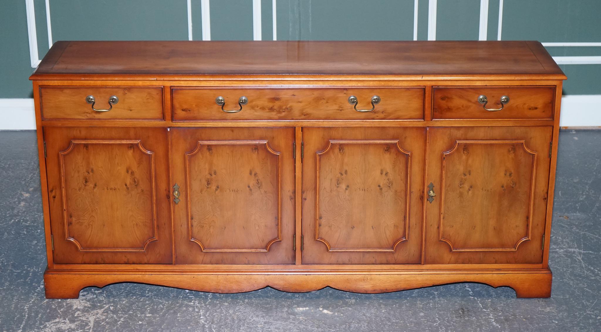 British Vintage Bradley Burr Yew Wood Four Door Sideboard Cupboard For Sale