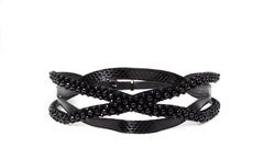 Vintage Braided Black Leather Waist Belt With Beaded Detailing