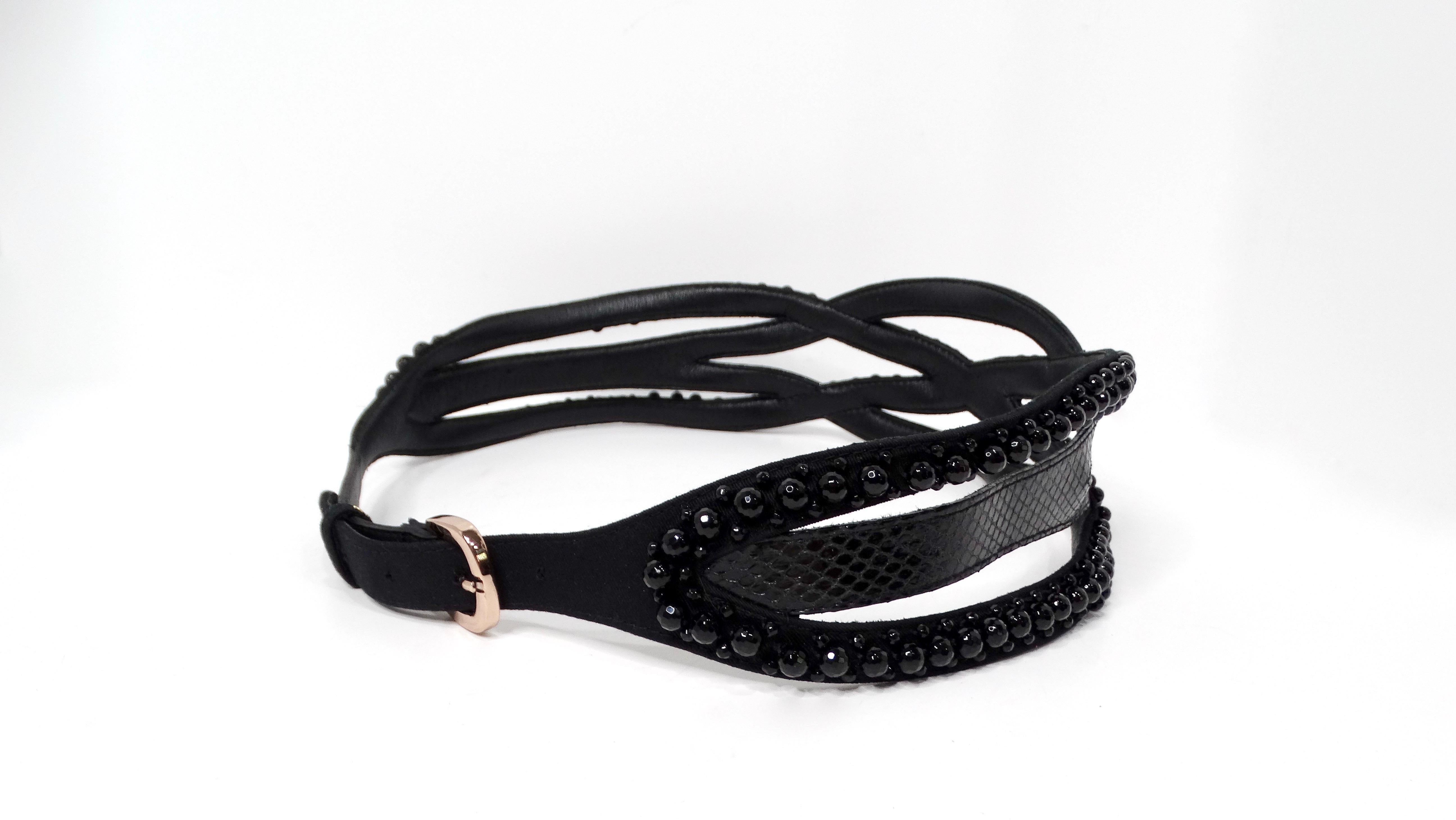 Vintage Braided Black Leather Waist Belt With Beaded Detailing In Good Condition For Sale In Scottsdale, AZ