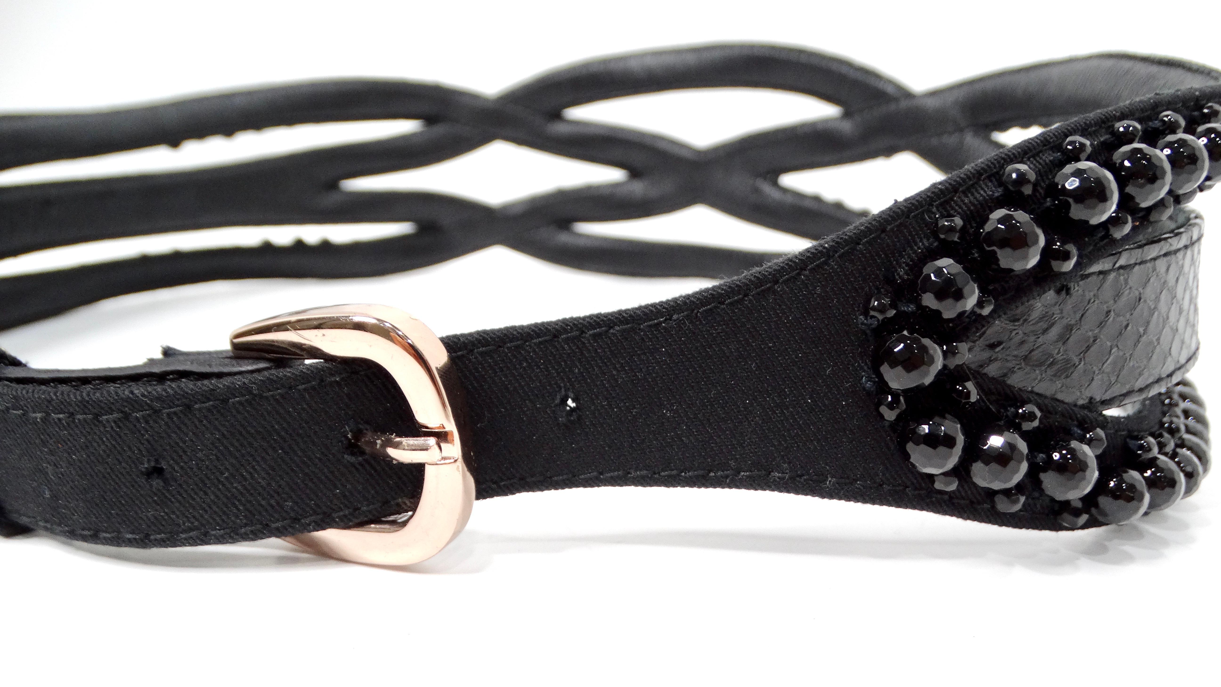 Women's Vintage Braided Black Leather Waist Belt With Beaded Detailing For Sale