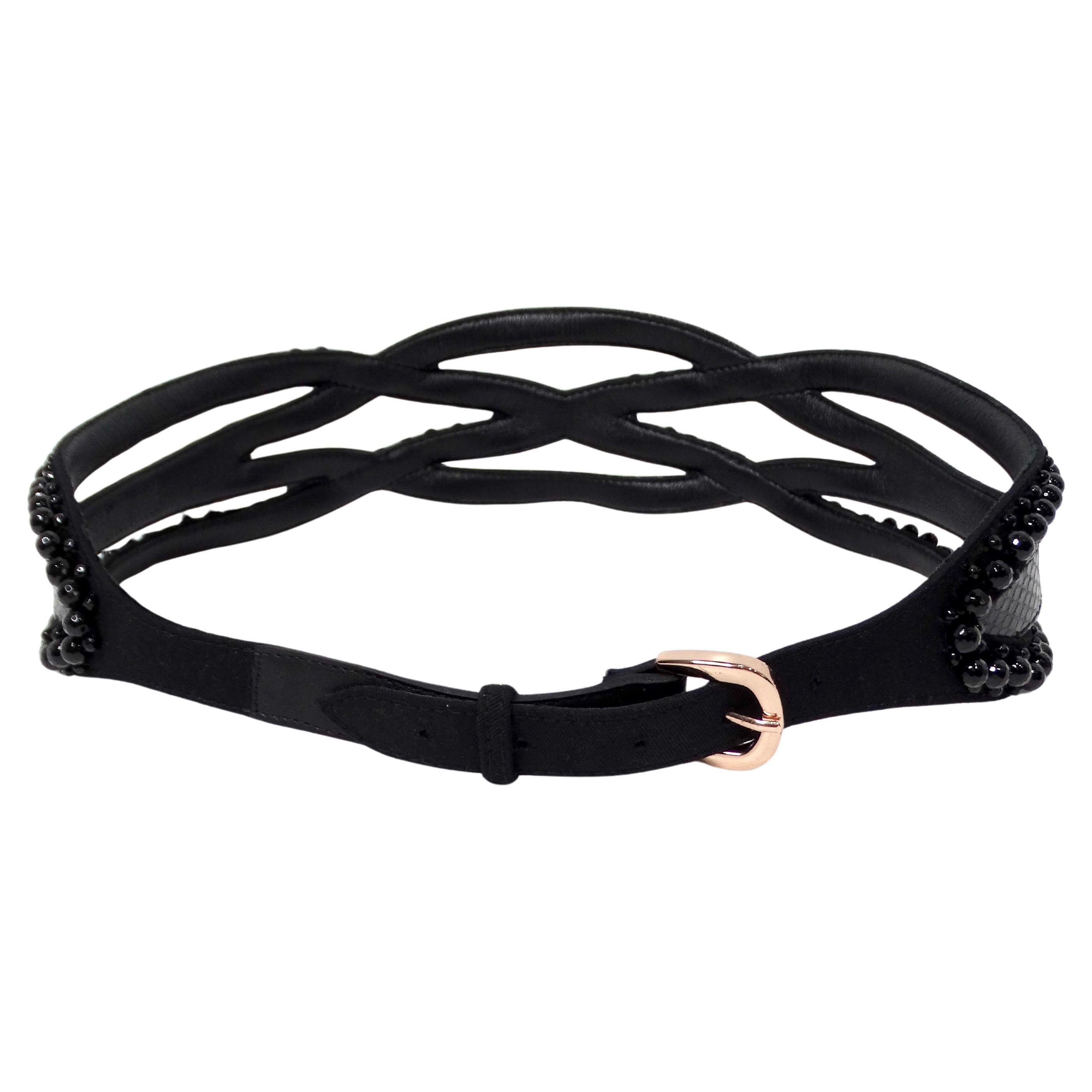 Vintage Braided Black Leather Waist Belt With Beaded Detailing For Sale