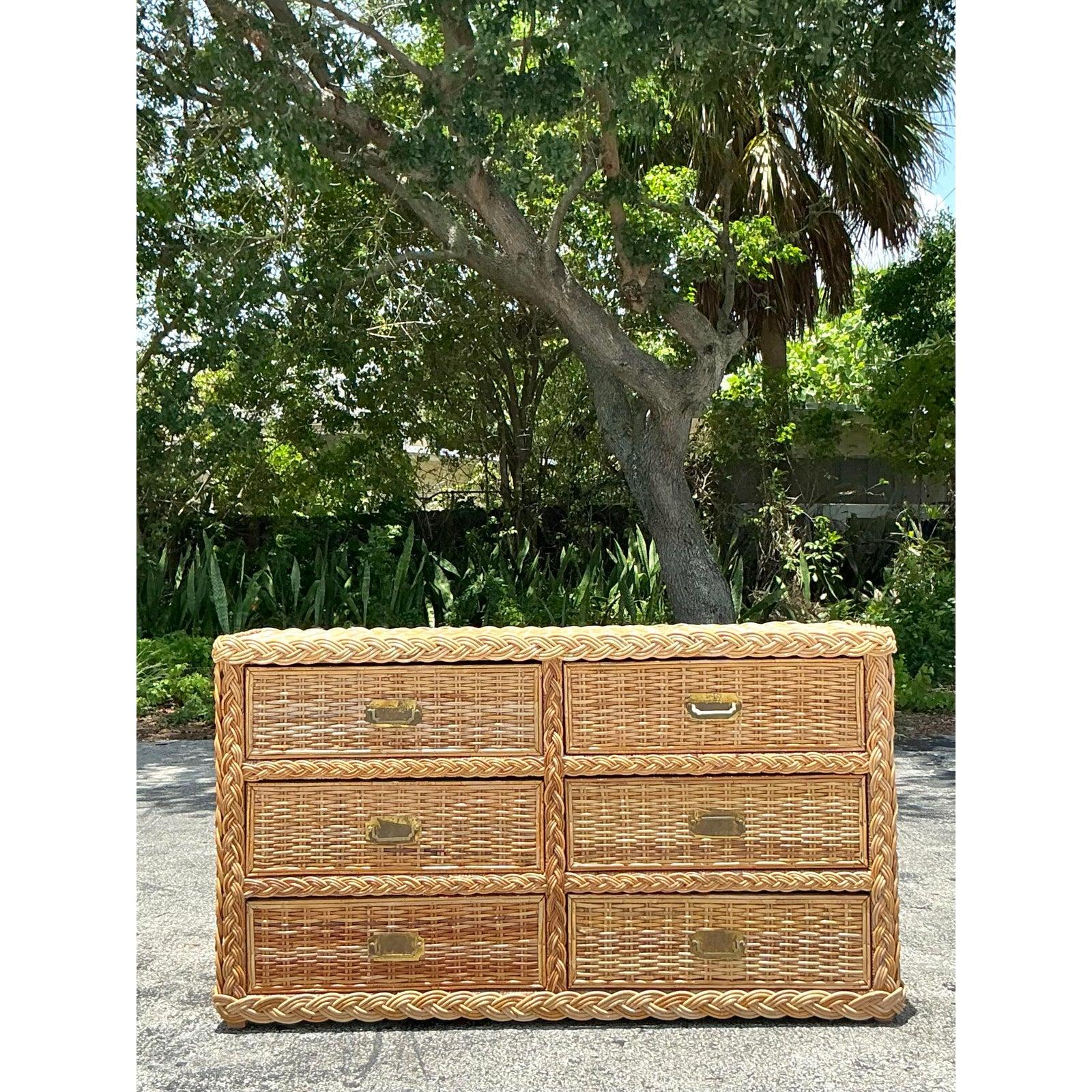 20th Century Vintage Braided Light Rattan Dresser For Sale