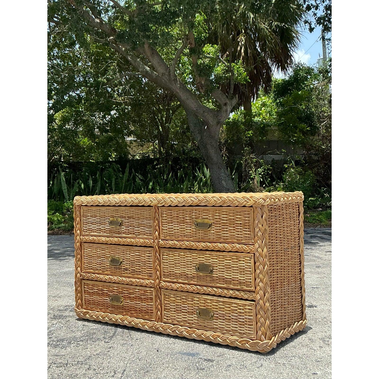 Brass Vintage Braided Light Rattan Dresser For Sale