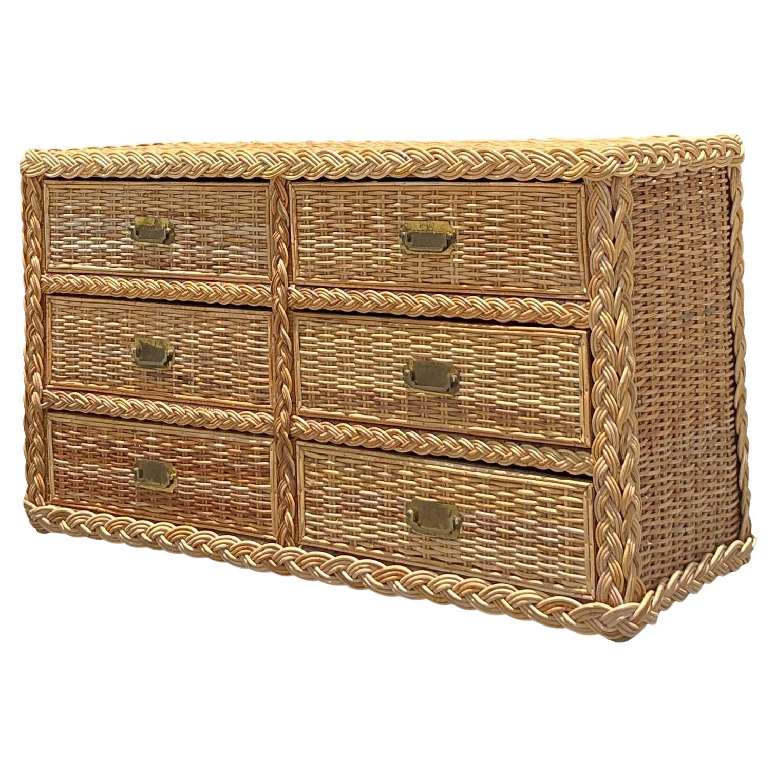 Vintage Braided Light Rattan Dresser For Sale
