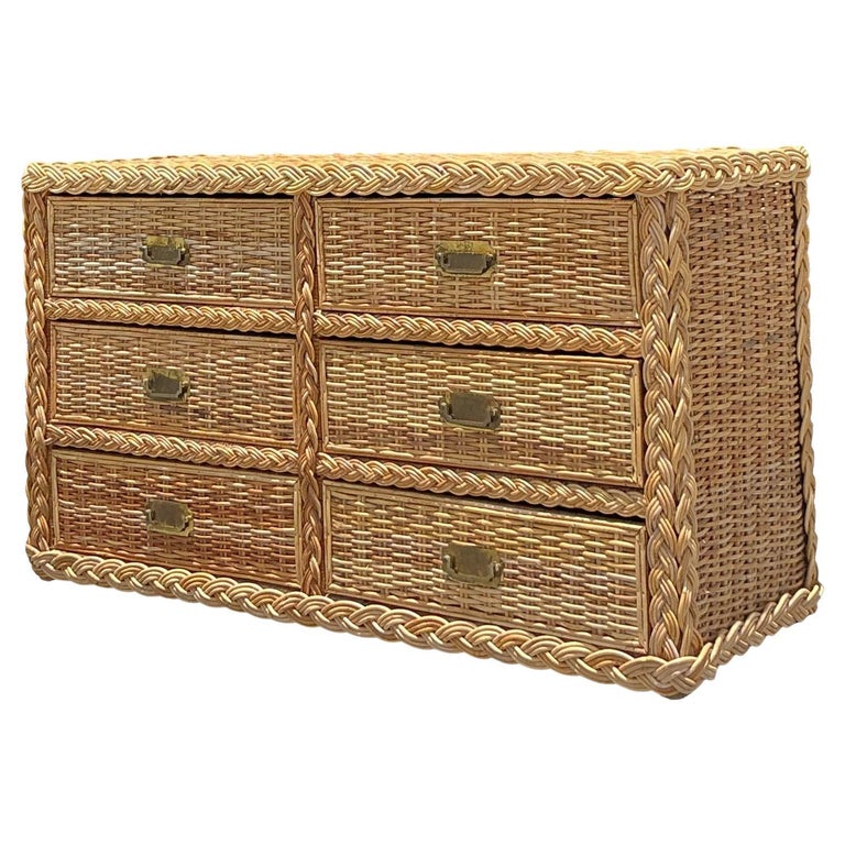vintage rattan dresser 1980's Woven Grass Cloth Six Drawer  Hibiscus House free home Henry Link Wicker Dresser Chest