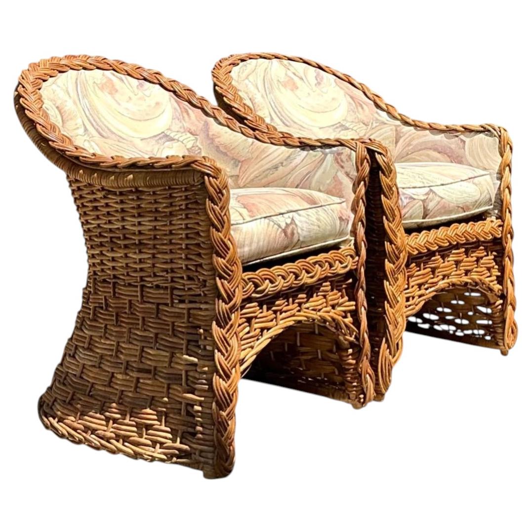 Vintage Braided Rattan Armchairs - A Pair