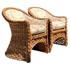 Vintage Braided Rattan Armchairs - A Pair