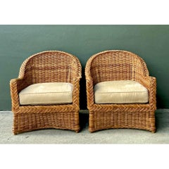 Vintage Braided Rattan Lounge Chairs - Pair